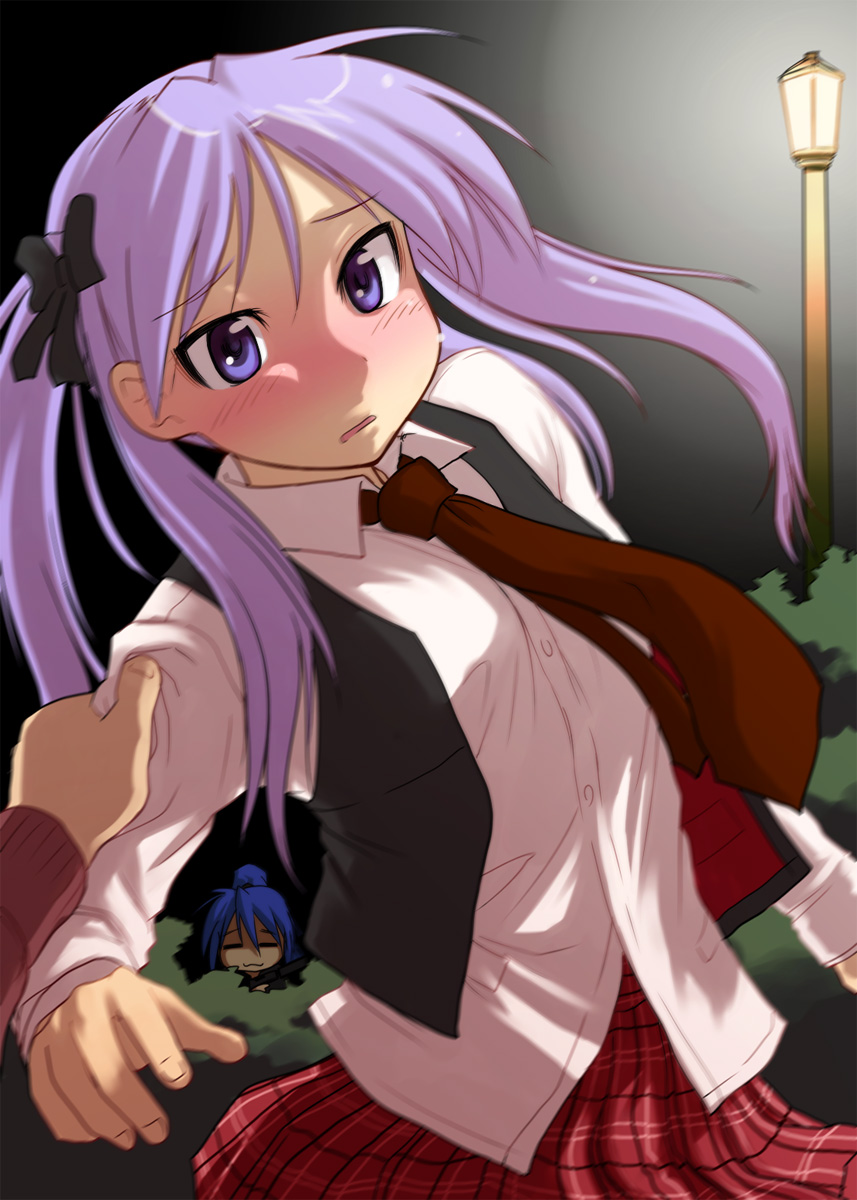 sakaki imasato, hiiragi kagami, izumi konata, lucky star, grabbing, highres, 00s, 2girls, :3, blue hair, blush, bush, closed eyes, dress shirt, gun, hair ornament, hair ribbon, hiding, lamppost, long hair, motion blur, multiple girls, necktie, night, open mouth, peeking, plaid clothes, plaid skirt, pleated skirt, ponytail, purple eyes, purple hair, ribbon, shirt, skirt, suppressor, surprised, twintails, vest, waistcoat, weapon, you gonna get raped
