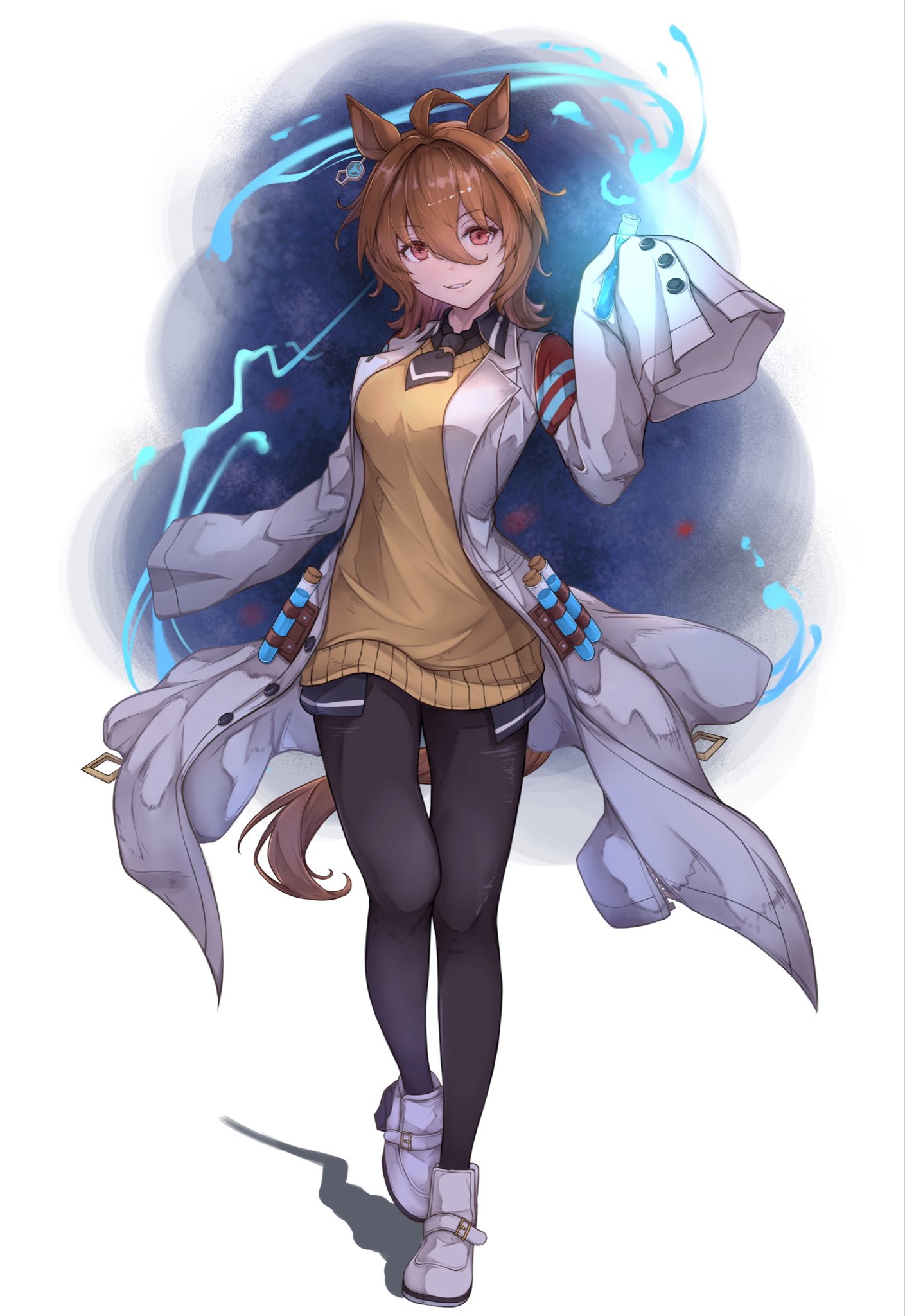 peperoncino-sama, agnes tachyon (tach-nology) (umamusume), agnes tachyon (umamusume), umamusume, commentary, highres, 1girl, ahoge, animal ears, ankle boots, black necktie, black pantyhose, black shirt, boots, breasts, brown hair, buttons, coat, earrings, full body, hair between eyes, holding, holding test tube, horse ears, horse girl, horse tail, huge ahoge, jewelry, lab coat, long sleeves, looking at viewer, medium breasts, medium hair, necktie, pantyhose, parted lips, red eyes, shirt, short hair, single earring, sleeves past fingers, sleeves past wrists, smile, solo, sweater, tail, test tube, white boots, white coat, yellow sweater
