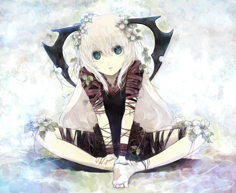 shrimpman, original, 1girl, barefoot, blue eyes, crossed legs, feet, female focus, flower, indian style, long hair, pale skin, pink hair, sitting, solo