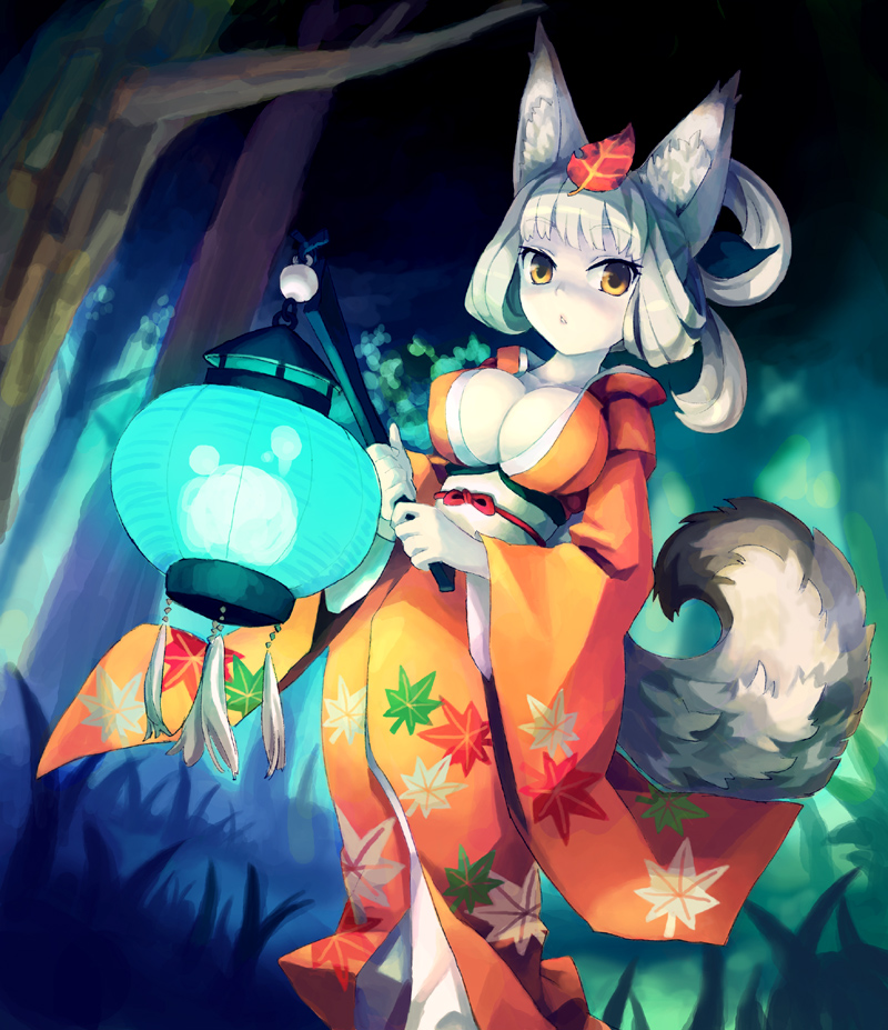 chingisu, inari, kongiku, oboro muramasa, vanillaware, bad id, bad pixiv id, 1girl, animal ears, breasts, brown eyes, cleavage, collarbone, colored skin, female focus, forest, fox ears, fox tail, from below, grass, grey hair, hair up, holding, japanese clothes, kimono, kitsune, lantern, large breasts, leaf, leaf on head, long hair, looking down, nature, night, object on head, orange eyes, paper lantern, solo, tail, tassel, tree, white hair, white skin, yellow eyes