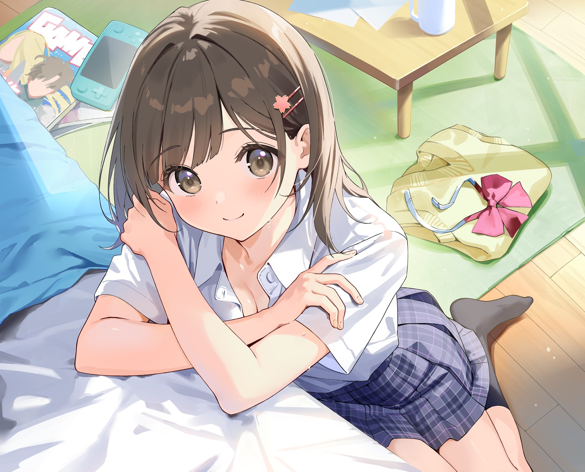 urata asao, character request, commentary request, copyright request, highres, bed, black socks, blue skirt, breasts, brown eyes, brown hair, cleavage, crossed arms, hair ornament, hairclip, hands on bed, hands on own shoulders, indoors, light blush, long hair, magazine (object), on floor, parallel hairclips, partially unbuttoned, plaid clothes, plaid skirt, pleated skirt, school uniform, shadow, shirt, short sleeves, skirt, smile, socks, summer uniform, sweatdrop, table, unworn clothes, white shirt