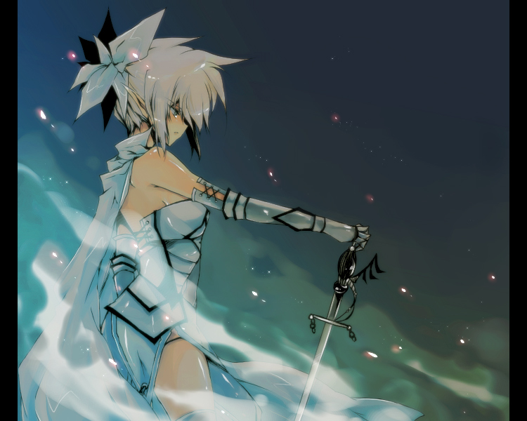 ichiyou moka, pixiv fantasia, pixiv fantasia 3, bad id, bad pixiv id, 1girl, armor, bare shoulders, brown hair, cape, female focus, gauntlets, hair ribbon, night, pointy ears, ribbon, short hair, sky, solo, star (sky), star (symbol), starry sky, sword, thighhighs, weapon, white hair
