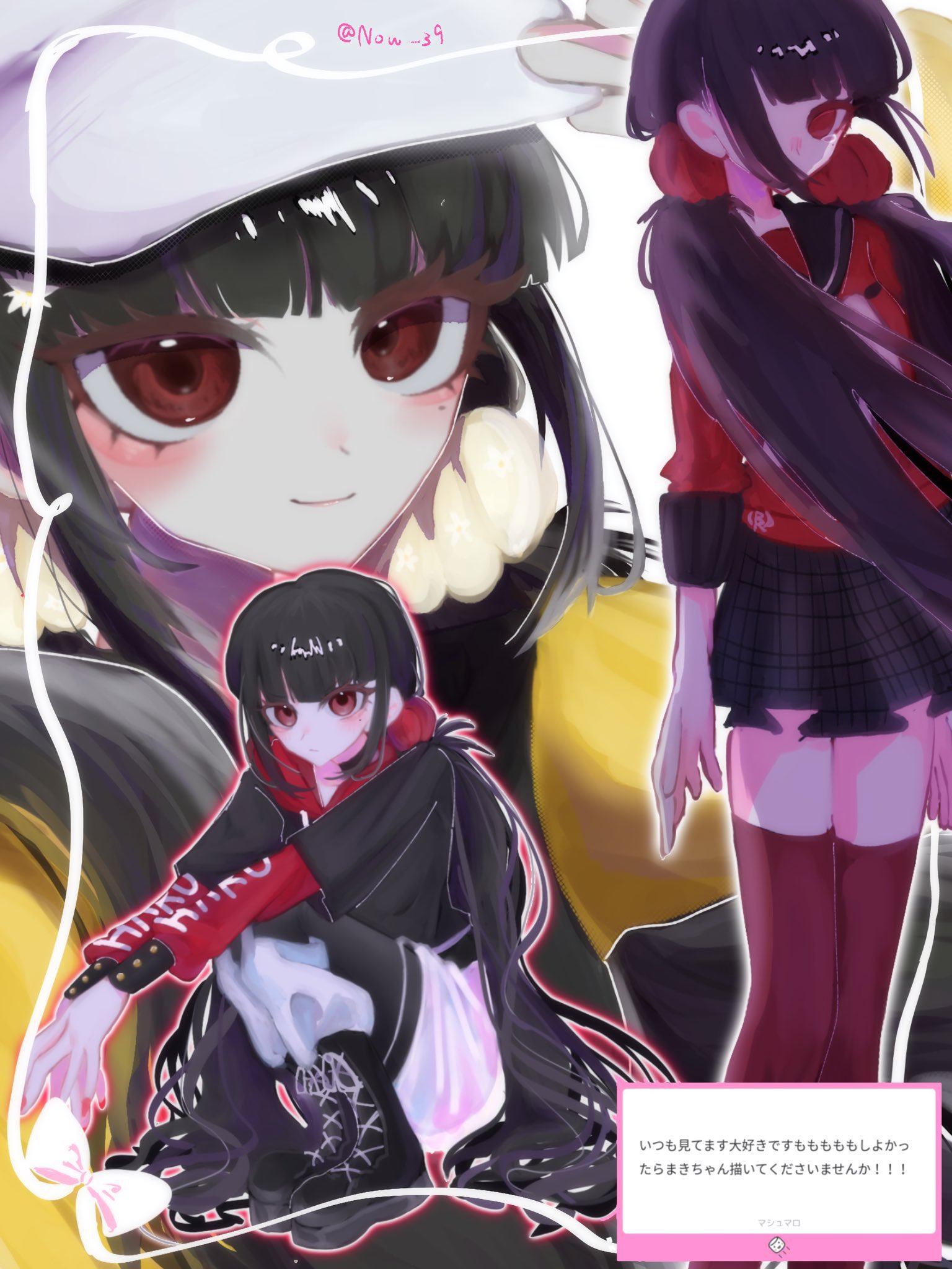 no-jiru, harukawa maki, danganronpa (series), danganronpa v3: killing harmony, highres, translation request, 1girl, black hair, black hoodie, black shoes, black skirt, blush, bow, hat, hood, hood down, hoodie, long hair, low twintails, miniskirt, mole, mole under eye, official alternate costume, plaid clothes, plaid skirt, red hoodie, red scrunchie, red shirt, red thighhighs, school uniform, scrunchie, shirt, shoes, skirt, smile, standing, thighhighs, twintails, white bow, white hat, zettai ryouiki
