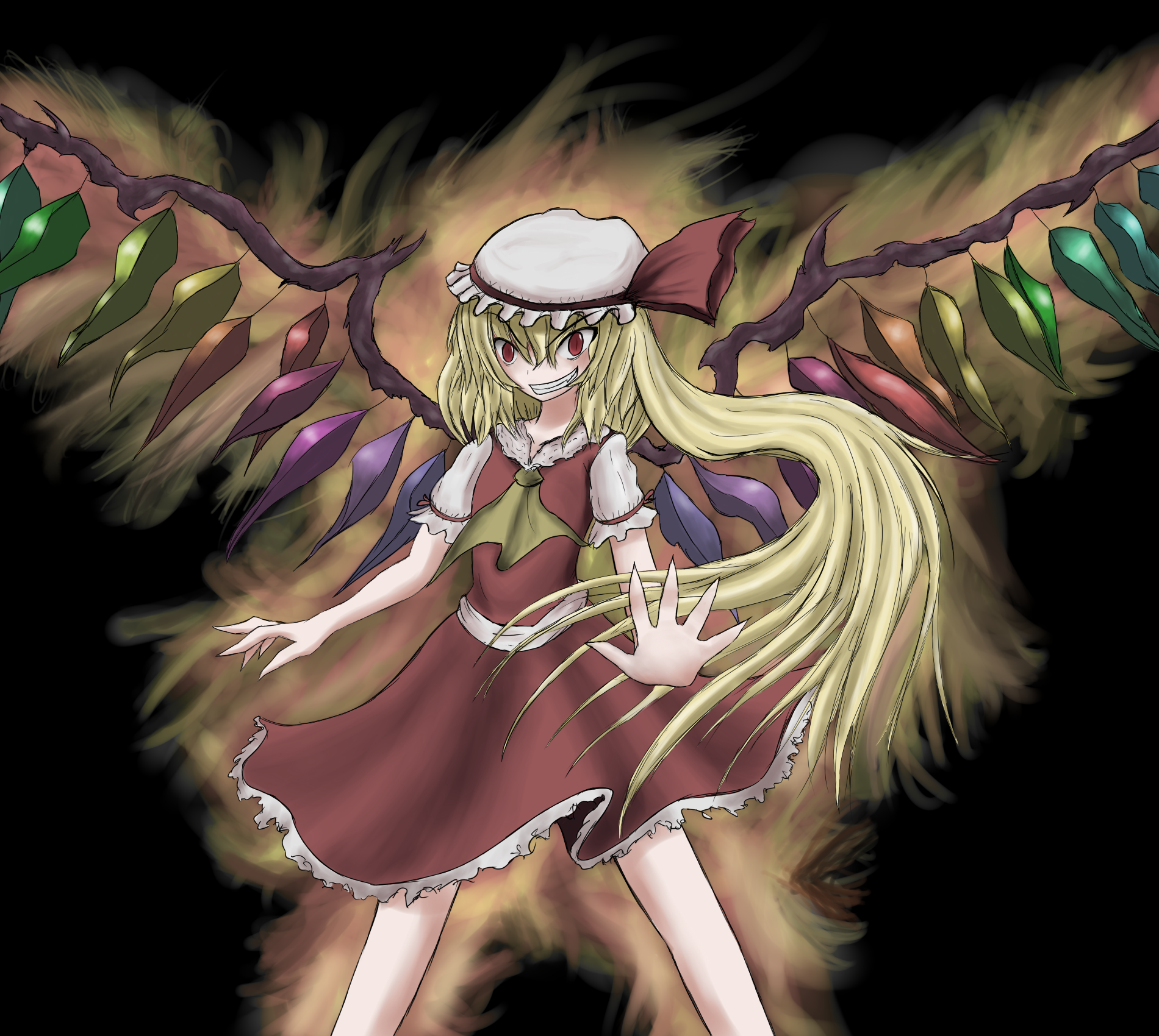 flandre scarlet, touhou, highres, 1girl, female focus, grin, hat, mob cap, smile, solo, white hat