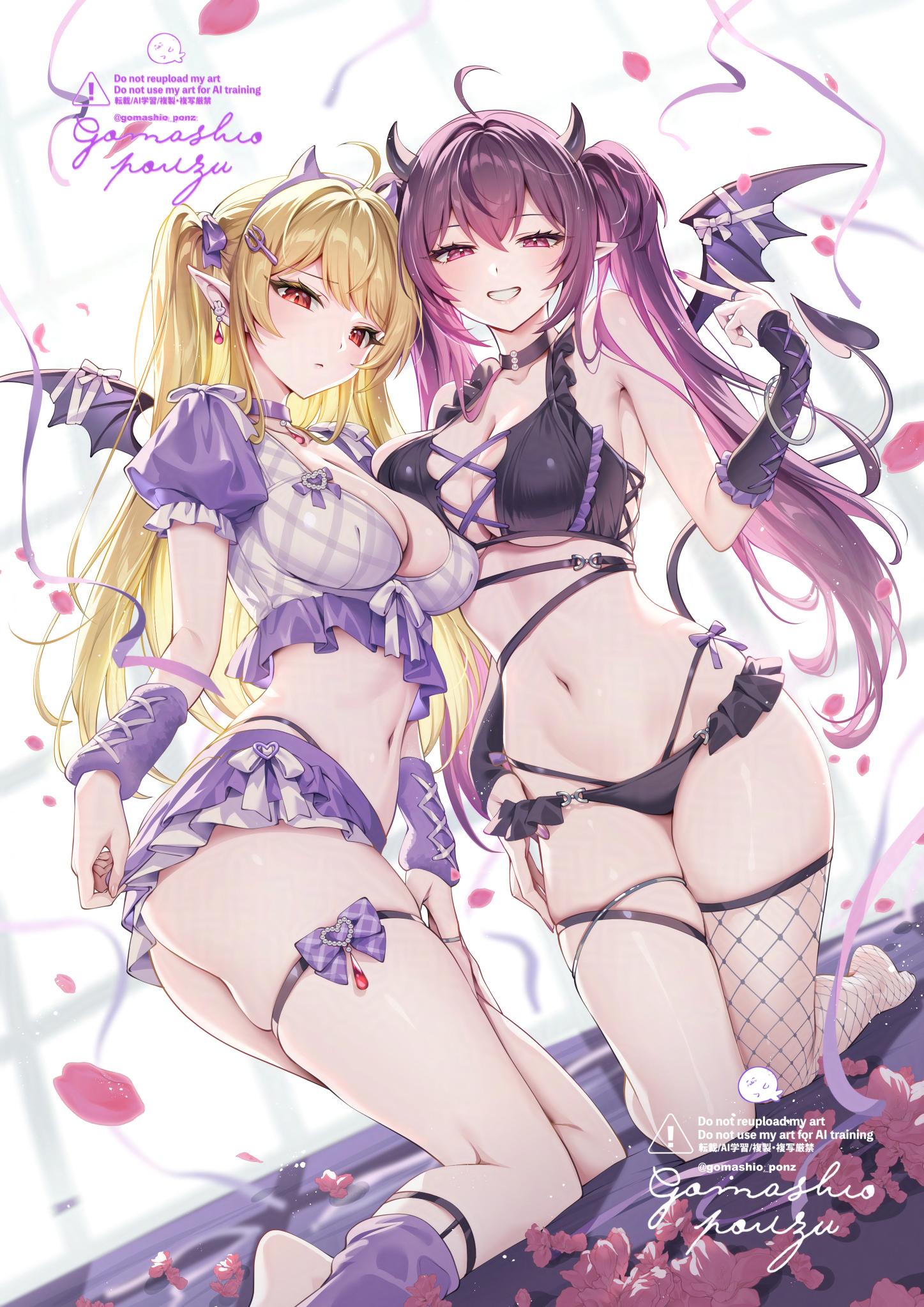 gomashio ponz, original, commentary request, highres, 2girls, ahoge, bare shoulders, black bra, black choker, black panties, blonde hair, bra, breasts, choker, cleavage, crop top, demon girl, demon horns, demon tail, demon wings, fishnet thighhighs, fishnets, grin, hand up, horns, kneeling, large breasts, layered skirt, lingerie, long hair, looking at viewer, microskirt, midriff, multicolored hair, multiple girls, navel, panties, pointy ears, purple choker, purple eyes, purple hair, purple skirt, red eyes, shirt, short sleeves, single thighhigh, skindentation, skirt, smile, stomach, streaked hair, tail, thigh strap, thighhighs, thighs, twintails, underwear, underwear only, v, white shirt, wings