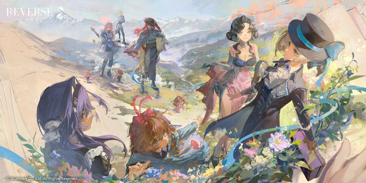 aleph (reverse:1999), anjo nala, flutterpage, merlin (reverse:1999), nautika (reverse:1999), ulrich (reverse:1999), vertin (reverse:1999), voyager (reverse:1999), reverse:1999, official art, 2boys, 5girls, black hair, blue hair, brown hair, curled horns, ferrofluid, fishbowl helmet, flower, gloves, green tail, grey horns, happy anniversary, hat, holding, holding suitcase, horns, jumpsuit, lizard tail, low horns, mask, mountainous horizon, multiple boys, multiple girls, object head, pink hair, red hair, snow, suitcase, tail, white hair, white jumpsuit