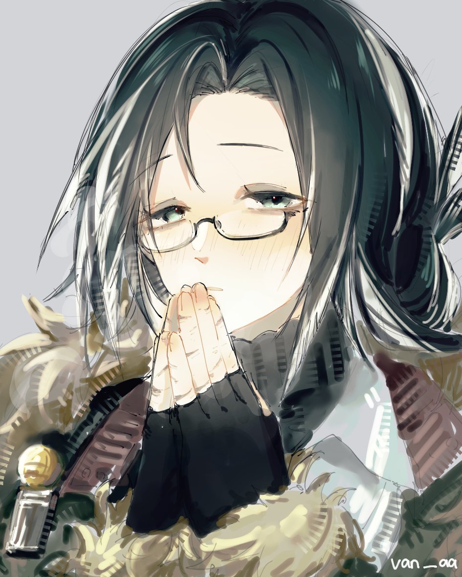 deep.au, snegurochka (arknights), arknights, commentary request, 1girl, bags under eyes, bird girl, black gloves, black hair, blush, coat, feather hair, fingerless gloves, fur trim, glasses, gloves, green coat, long hair, looking at viewer, messy hair, multicolored hair, own hands together, scar, scar on hand, simple background, solo, turtleneck, two-tone hair, white background, white hair