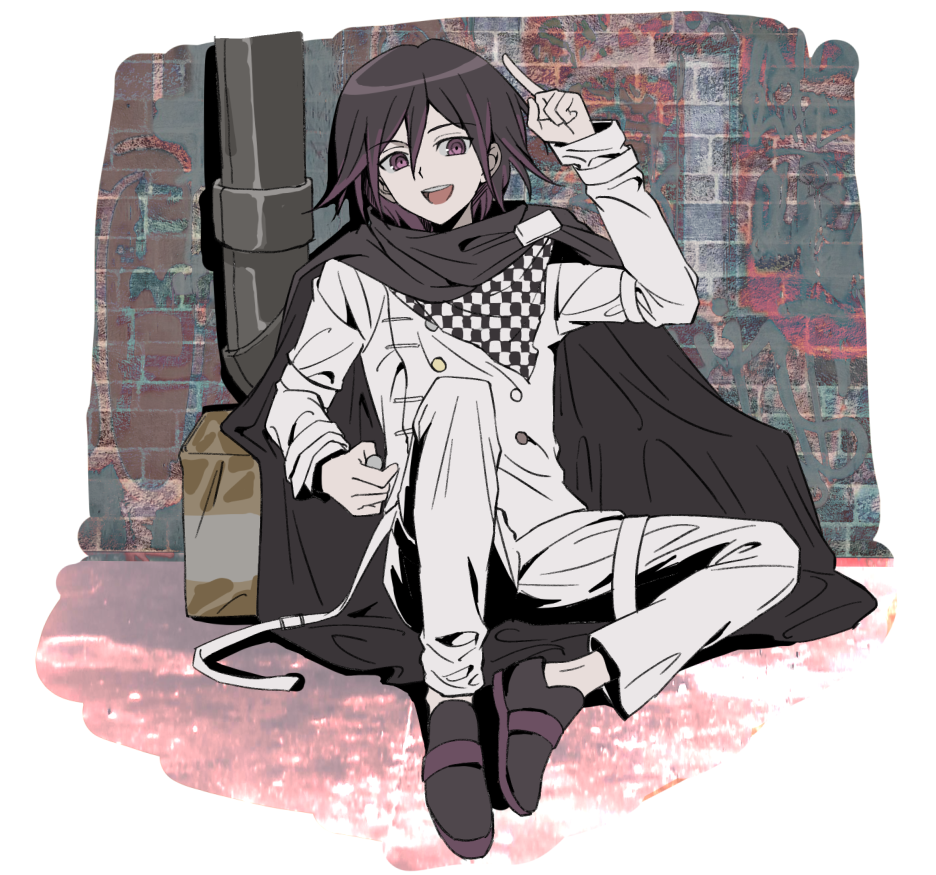 hairstarfish, oma kokichi, danganronpa (series), danganronpa v3: killing harmony, 1boy, black cape, black hair, black shoes, brick wall, cape, checkered clothes, checkered neckerchief, grey jacket, grey pants, hair between eyes, jacket, long sleeves, looking at viewer, male focus, neckerchief, pants, shoes, short hair, sitting, smile