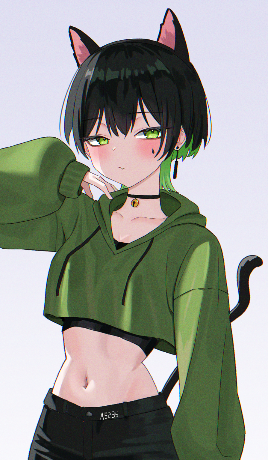 a5235, death hammer chouloky, waktaverse, highres, 1girl, animal ears, black choker, black hair, cat ears, cat tail, choker, closed mouth, crop top, crop top overhang, cropped hoodie, drawstring, extra ears, green eyes, green hair, green hoodie, hand up, hood, hood down, hoodie, long sleeves, looking at viewer, midriff, multicolored hair, navel, puffy long sleeves, puffy sleeves, short hair, simple background, solo, stomach, tail, two-tone hair, undershirt, upper body, virtual youtuber, white background