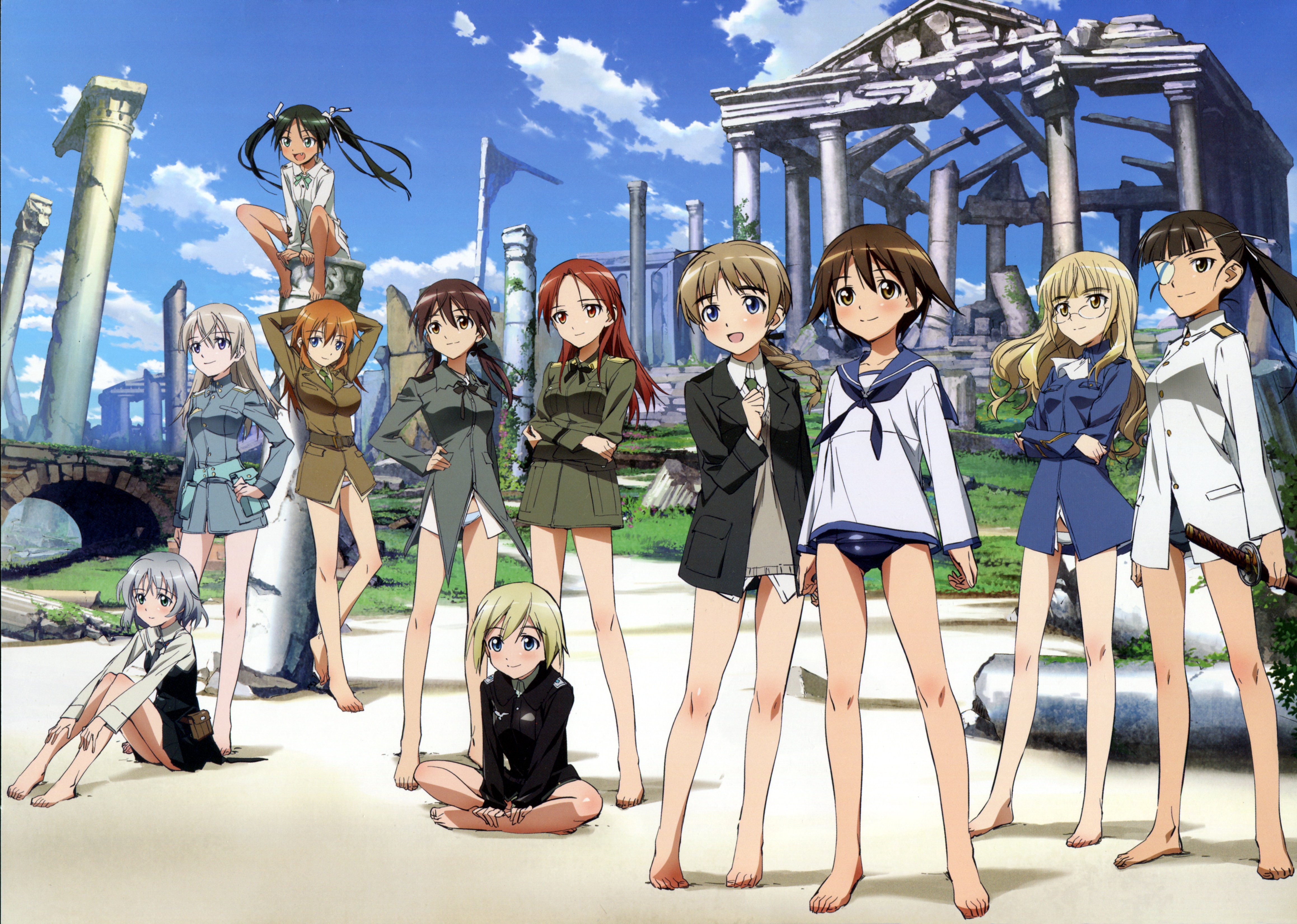 takamura kazuhiro, charlotte e. yeager, eila ilmatar juutilainen, erica hartmann, francesca lucchini, gertrud barkhorn, lynette bishop, minna-dietlinde wilcke, miyafuji yoshika, perrine h. clostermann, sakamoto mio, sanya v. litvyak, nyantype, strike witches, world witches series, silver hair, absurdres, highres, non-web source, scan, 00s, 501st joint fighter wing, 6+girls, barefoot, black hair, blonde hair, blue eyes, braid, brown eyes, brown hair, everyone, eyepatch, fang, feet, glasses, green eyes, legs, long hair, multiple girls, no legwear, no pants, panties, pillar, ponytail, ruins, school swimsuit, school uniform, serafuku, short hair, swimsuit, swimsuit under clothes, sword, twintails, underwear, weapon