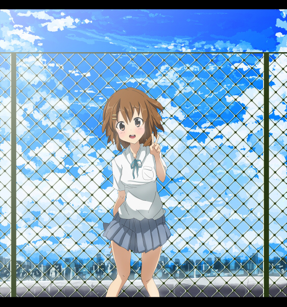 ryouma (galley), hirasawa yui, k-on!, bad id, bad pixiv id, 00s, 1girl, :o, blush, bob cut, brown eyes, brown hair, chain-link fence, cloud, day, female focus, fence, hair ornament, hairclip, letterboxed, miniskirt, open mouth, pleated skirt, ribbon, school uniform, short hair, sidelocks, skirt, sky, solo, standing, v