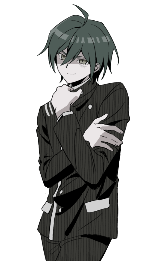 hairstarfish, saihara shuichi, danganronpa (series), danganronpa v3: killing harmony, 1boy, ahoge, black hair, black pants, hair between eyes, hand up, jacket, long sleeves, male focus, pants, short hair, simple background, smile, solo, striped clothes, striped jacket, striped pants, white background