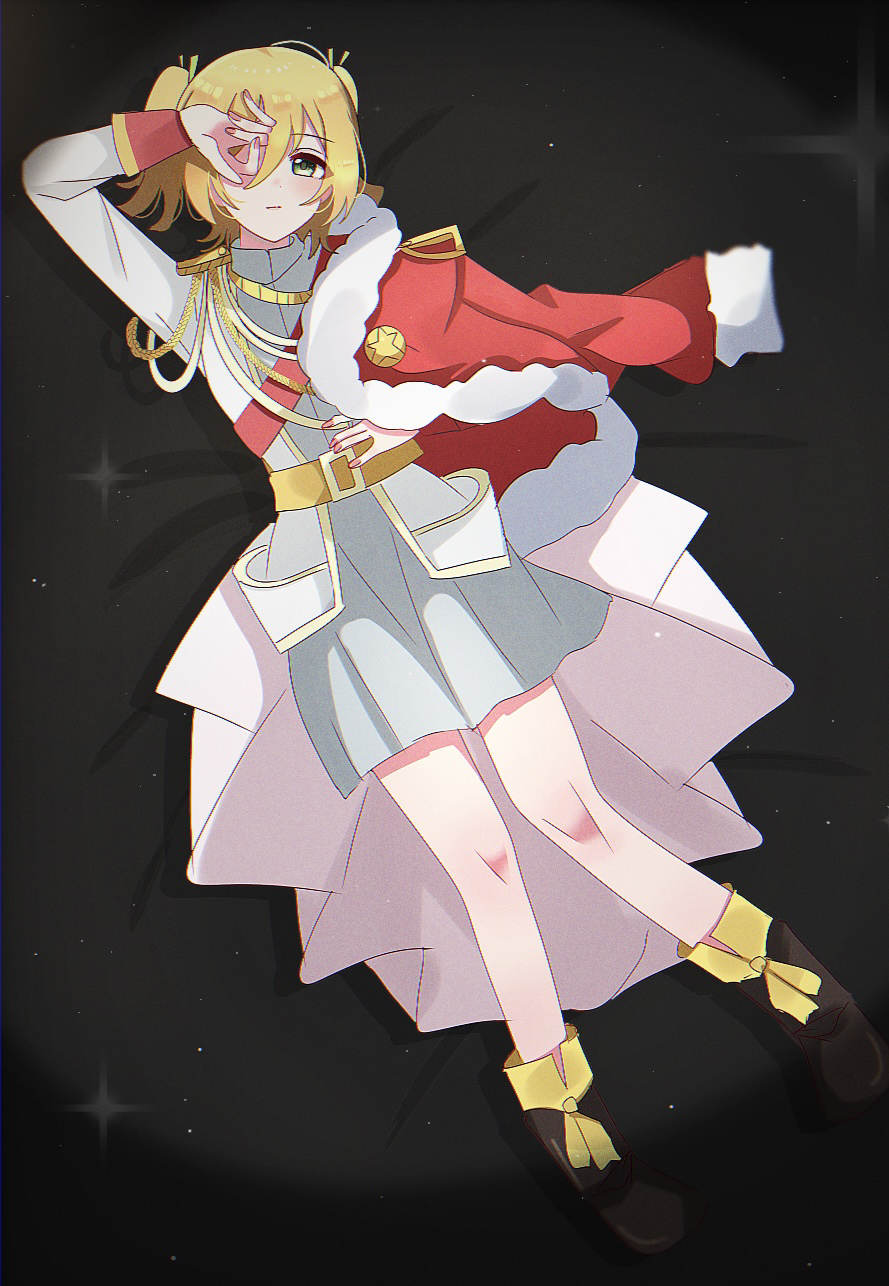 shiroiro obake, daiba nana, shoujo kageki revue starlight, commentary request, highres, 1girl, aiguillette, arm up, belt, belt buckle, black boots, blonde hair, blush, boots, buckle, closed mouth, covering one eye, epaulettes, fingernails, full body, fur-trimmed jacket, fur trim, green eyes, green ribbon, grey background, grey skirt, hair between eyes, hair ribbon, hand on own stomach, hand up, jacket, jacket on shoulders, light particles, long sleeves, looking at viewer, lying, miniskirt, on back, pleated skirt, red jacket, red sash, ribbon, sash, short hair, short twintails, shoulder sash, skirt, solo, sparkle, spotlight, twintails, waist cape, white jacket, yellow belt