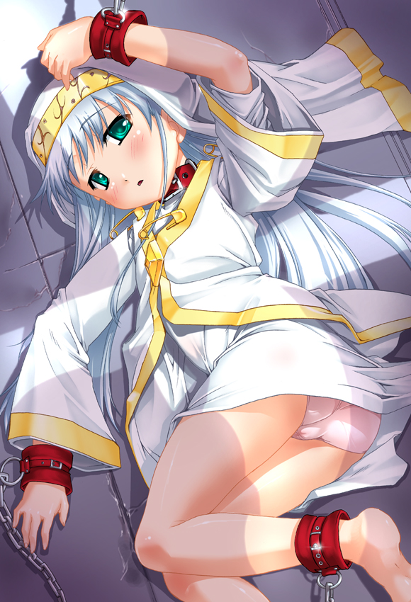 takase yuu, index (toaru majutsu no index), toaru majutsu no index, bad id, bad pixiv id, 00s, 1girl, aqua eyes, ass, barefoot, bdsm, blue hair, blush, bondage, bound, chain, collar, feet, female focus, long hair, lying, panties, pantyshot, solo, underwear