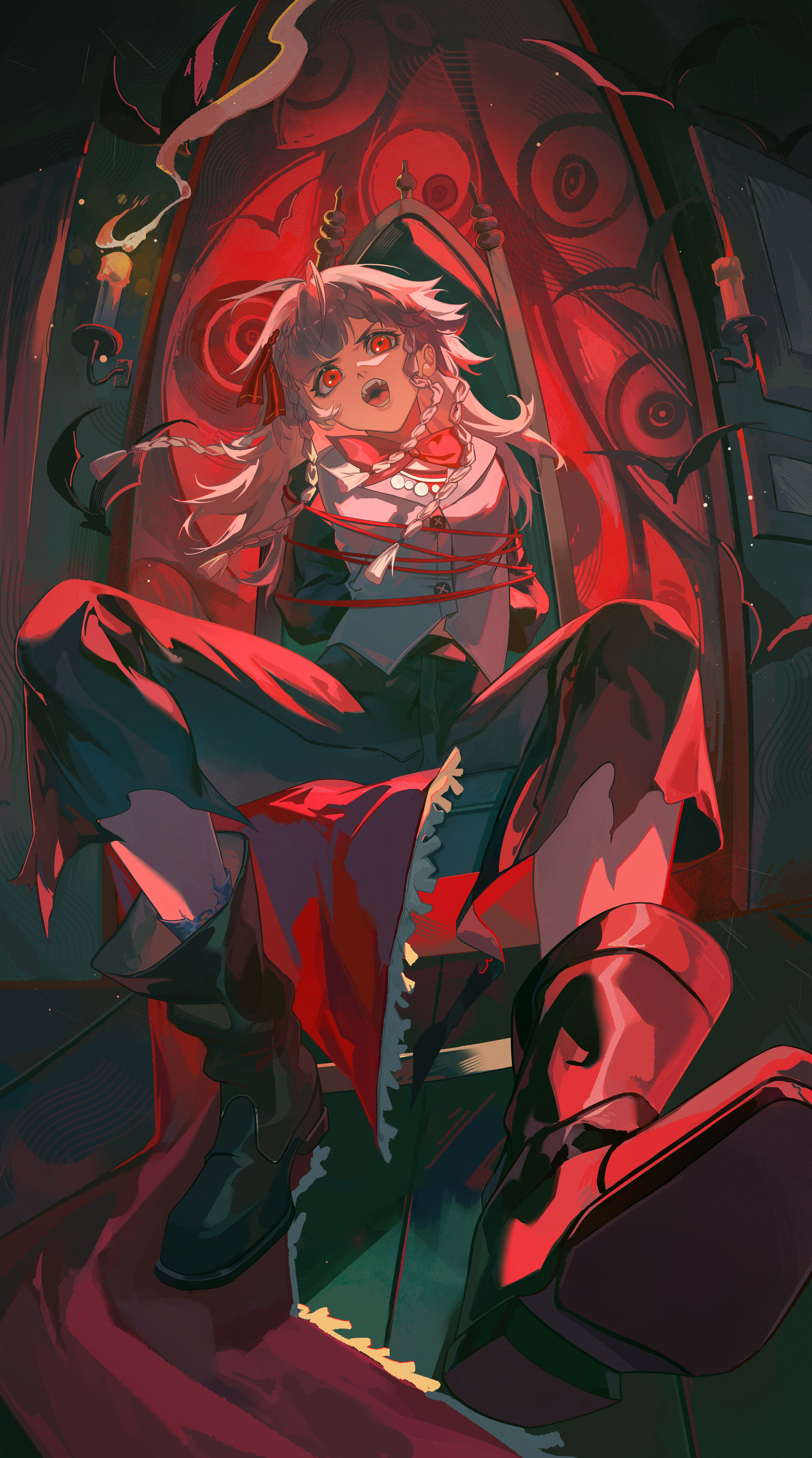 relws, rubuska, reverse:1999, absurdres, highres, 1girl, angry, ankle boots, backlighting, black boots, black coat, black pants, boots, bound, bound torso, candle, coat, dark, fangs, from below, full body, grey hair, jacket, long hair, looking at viewer, open mouth, pants, quad tails, red eyes, red light, red rope, rope, sitting, smoke, solo, teeth, tied up (nonsexual), v-shaped eyebrows, white jacket, window