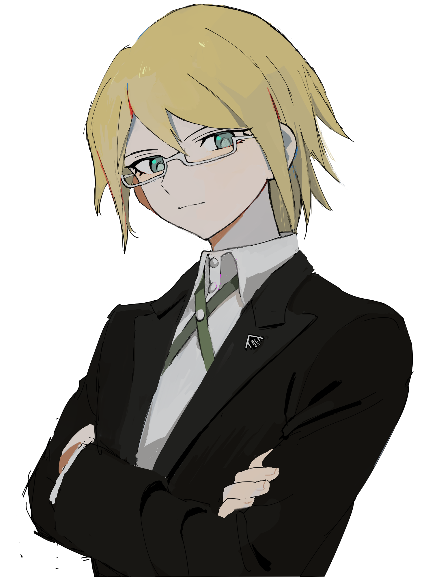 hairstarfish, togami byakuya, danganronpa: trigger happy havoc, danganronpa (series), highres, 1boy, black jacket, blonde hair, collared shirt, crossed arms, glasses, hair between eyes, jacket, long sleeves, semi-rimless eyewear, shirt, short hair, simple background, smile, solo, upper body, white background, white shirt