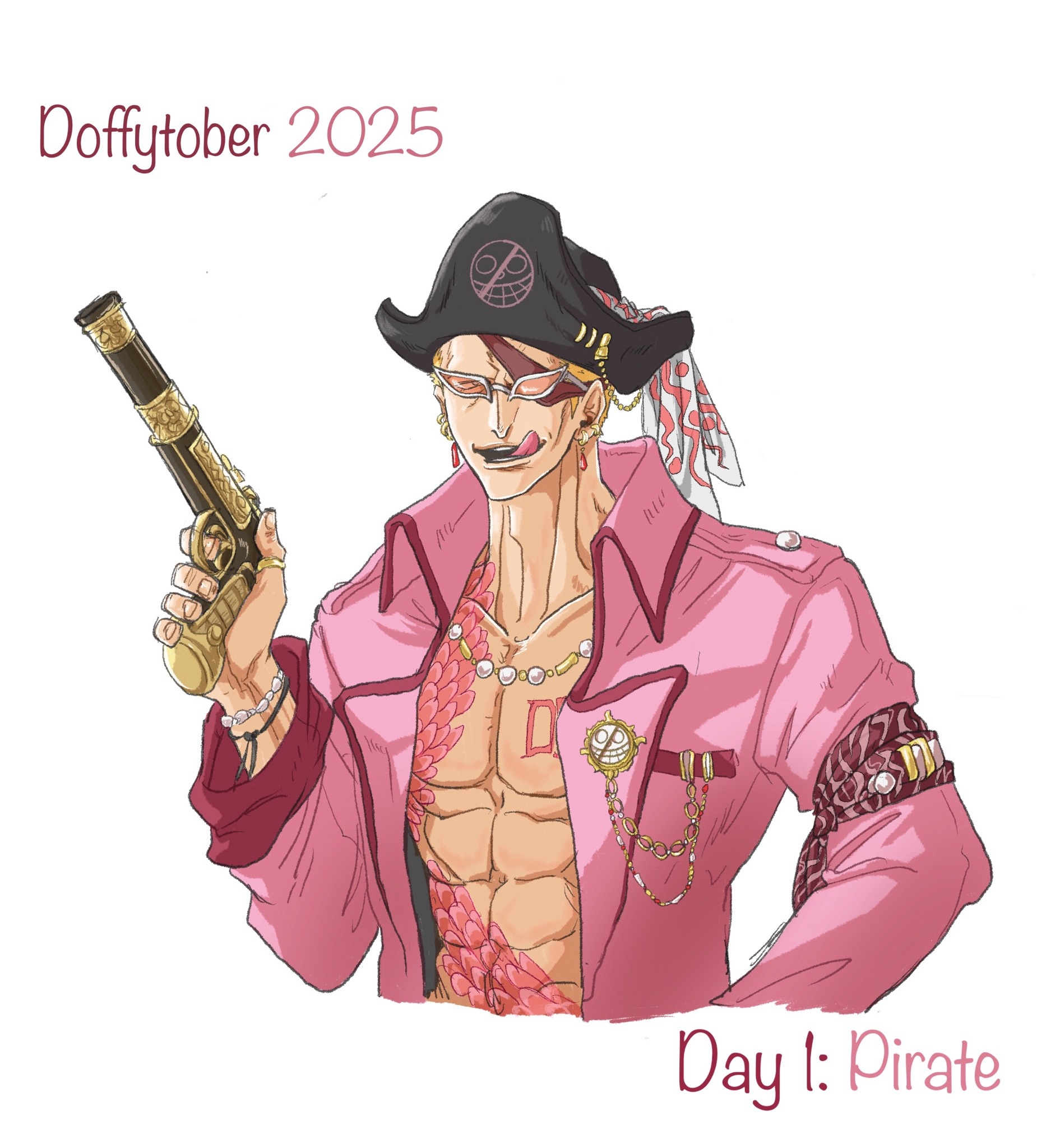 donquixote doflamingo, one piece, highres, 1boy, abs, armband, blonde hair, bracelet, chest tattoo, earrings, english text, eyepatch, gun, hat, holding, holding gun, holding weapon, inktober, jacket, jewelry, male focus, multiple bracelets, muscular, muscular male, necklace, open clothes, open jacket, pink jacket, pirate, pirate hat, red armband, short hair, smile, stomach tattoo, sunglasses, tattoo, tongue, tongue out, tuquidflamingo, upper body, weapon, white background
