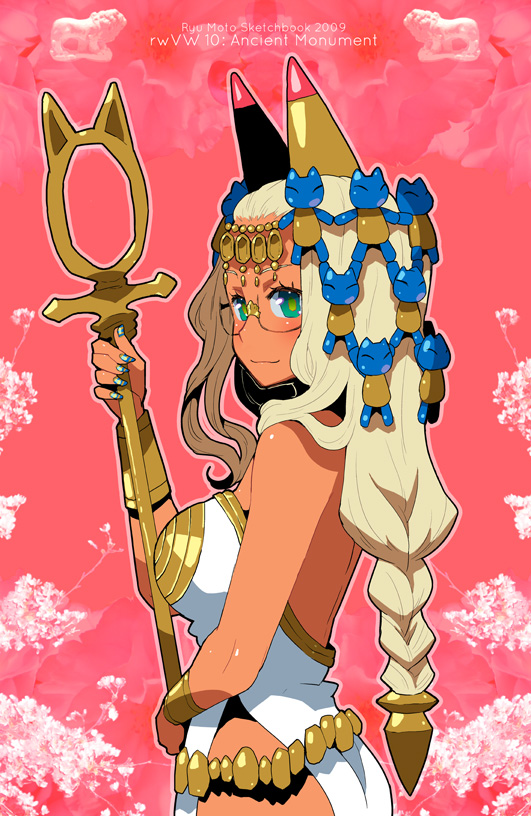 hamamoto ryuusuke, original, 1girl, ancient egyptian, animal ears, applying manicure, blonde hair, braid, breasts, dark-skinned female, dark skin, female focus, green eyes, large breasts, long hair, looking back, nail art, nail polish, smile, solo, staff