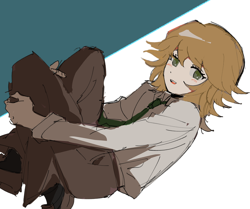 hairstarfish, fujisaki chihiro, danganronpa: trigger happy havoc, danganronpa (series), 1boy, :d, blush, brown hair, brown pants, brown shoes, from side, green background, green eyes, green necktie, grey shirt, long sleeves, looking at viewer, male focus, necktie, open mouth, pants, shirt, shoes, smile, solo, teeth, trap, upper teeth only, white background