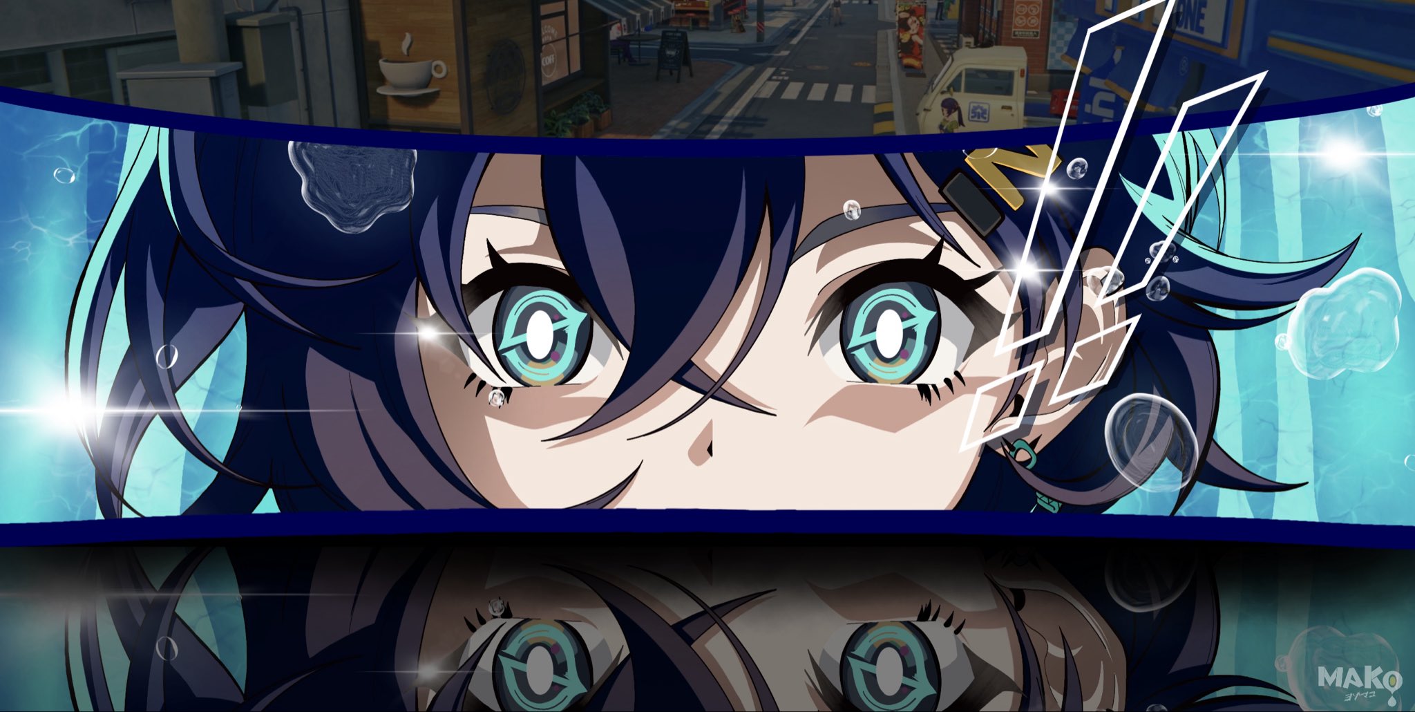 kurimako, belle (zenless zone zero), persona, zenless zone zero, commentary request, highres, !, 1girl, artist name, blue eyes, blue hair, close-up, earrings, game screenshot background, glowing, glowing eyes, hair between eyes, hair ornament, jewelry, letter hair ornament, reflection, scene reference, screenshot background, short hair, solo