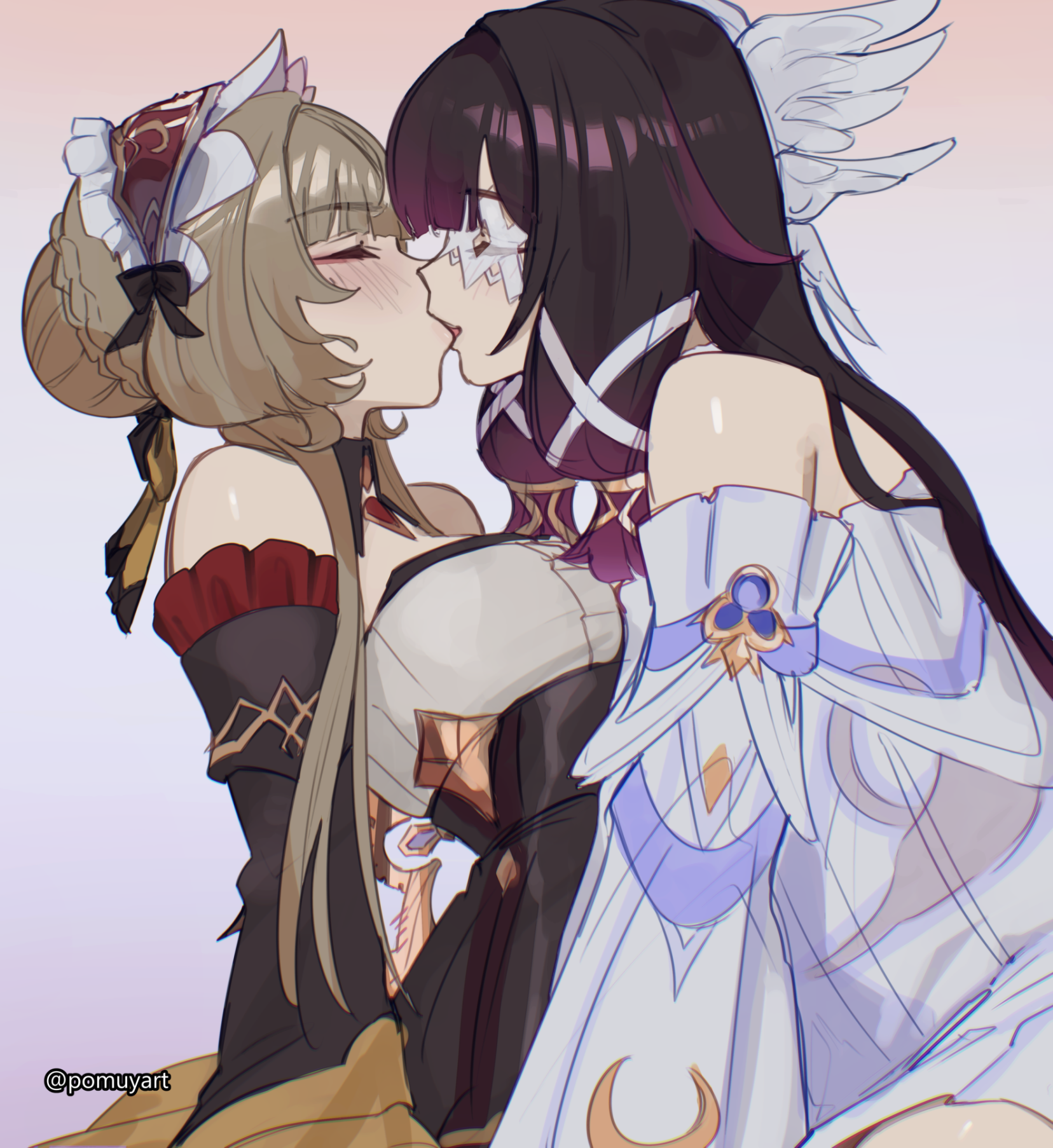 pomuya, columbina (genshin impact), sandrone (genshin impact), genshin impact, highres, 2girls, black dress, breasts, brown hair, closed eyes, detached sleeves, dress, head wings, large breasts, long hair, long sleeves, maid headdress, multicolored hair, multiple girls, open mouth, pink background, purple hair, simple background, sitting, smile, white dress, wings, yuri