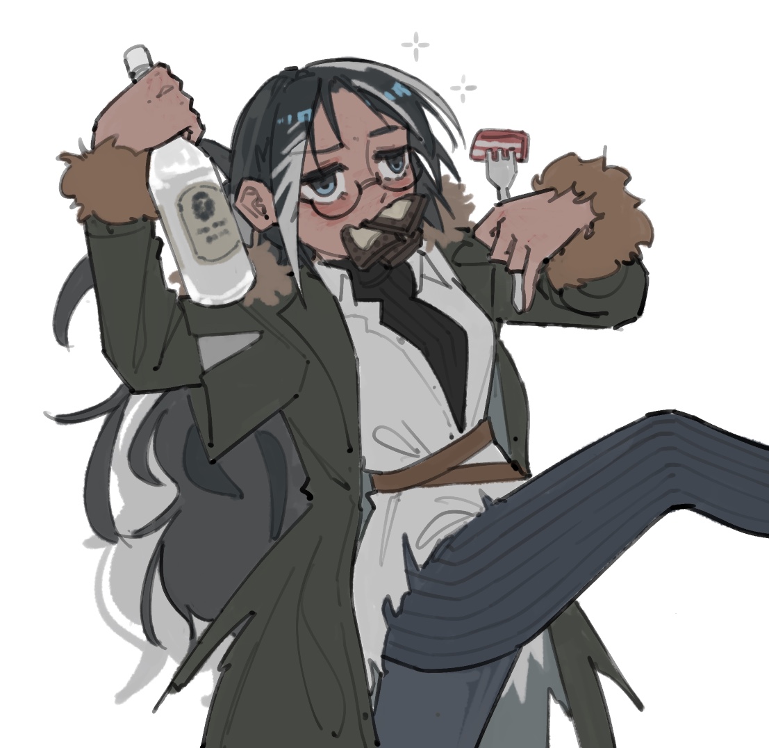 snegurochka (arknights), arknights, food request, 1girl, 2542442836, alcohol, bacon, bird girl, black hair, blue eyes, blue leg warmers, blush, bottle, coat, drunk, feather hair, food, food in mouth, fork, fur trim, glasses, green coat, holding, holding bottle, holding fork, leg warmers, long hair, long sleeves, messy hair, mouth hold, open clothes, open shirt, shirt, simple background, solo, squeans, turtleneck, very long hair, vodka, white background, white hair, white shirt