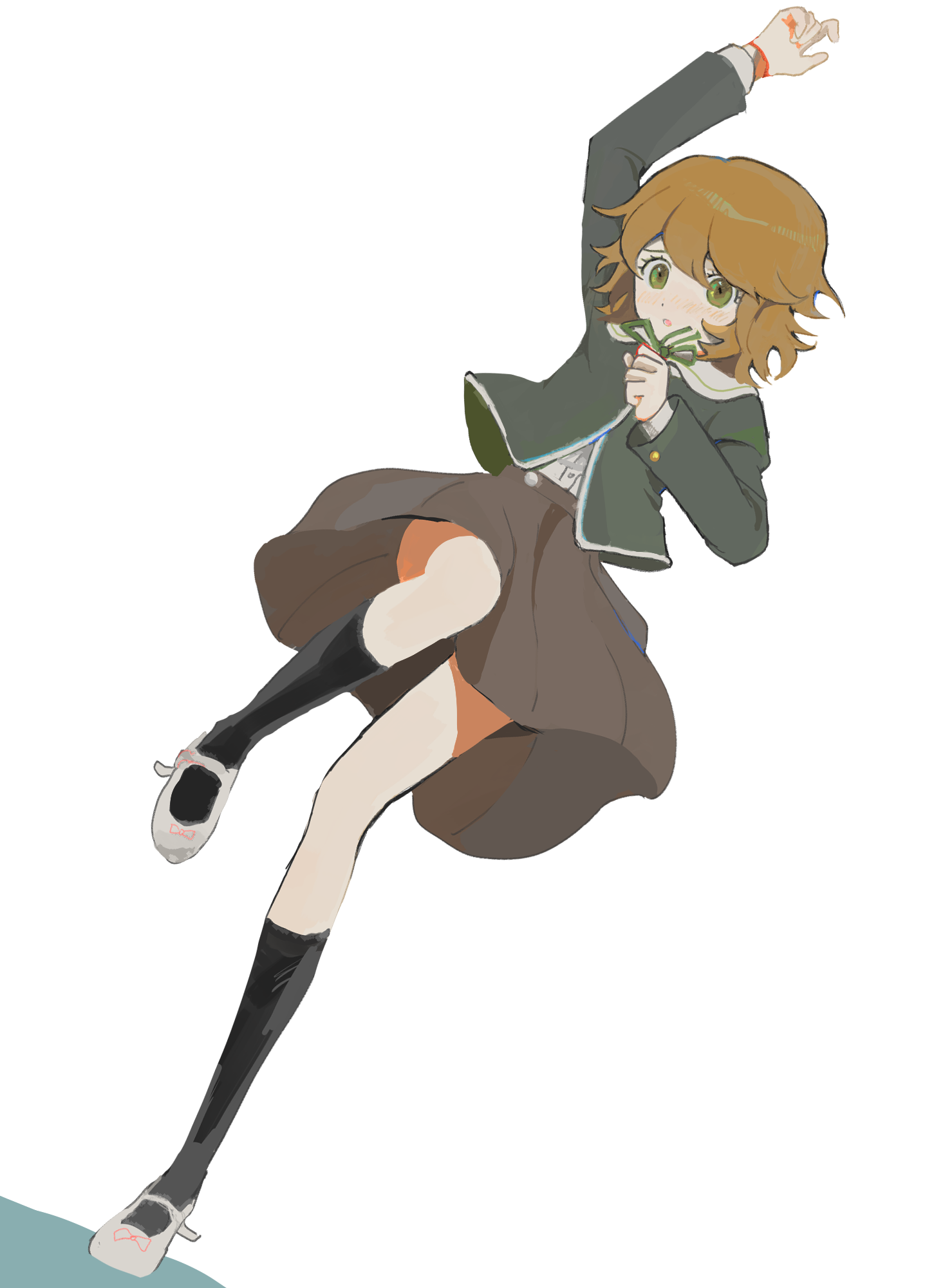 hairstarfish, fujisaki chihiro, danganronpa: trigger happy havoc, danganronpa (series), highres, 1boy, arm up, black socks, brown eyes, brown hair, crossdressing, jacket, long sleeves, male focus, neck ribbon, pleated skirt, ribbon, shirt, shirt tucked in, shoes, short hair, simple background, skirt, socks, standing, standing on one leg, teeth, trap, white background