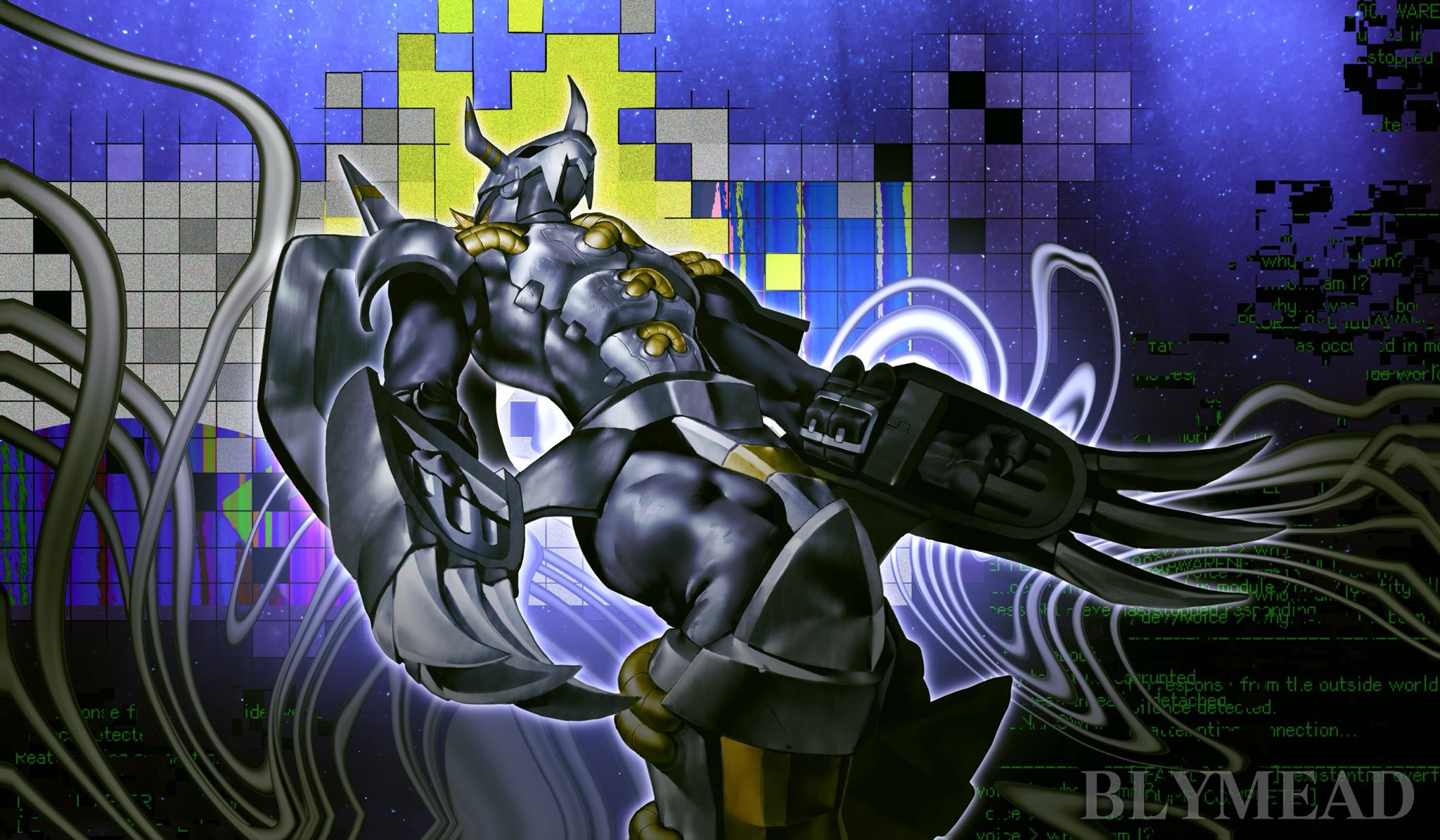 bly mead, blackwargreymon, digimon, digimon adventure 02, highres, armor, black armor, black skin, blonde hair, claw (weapon), colored skin, digimon (creature), dinosaur boy, dragon, fake horns, helmet, horned helmet, horns, male focus, mechanical wings, muscular, muscular male, naked armor, reptile boy, shoulder spikes, sleeveless, spikes, weapon, wings