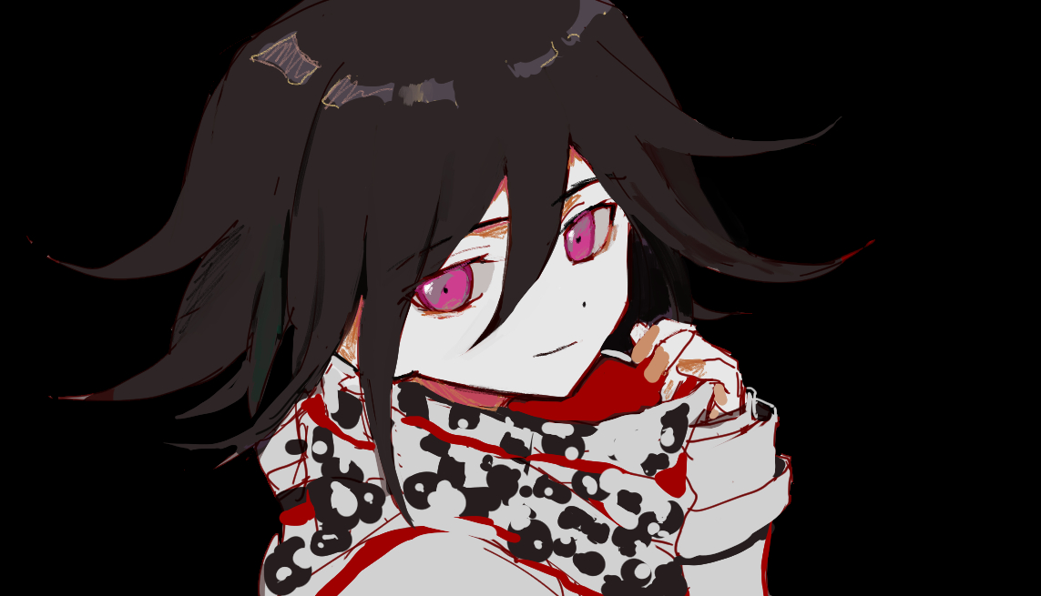 hairstarfish, oma kokichi, danganronpa (series), danganronpa v3: killing harmony, 1boy, black hair, black neckerchief, closed mouth, flipped hair, grey neckerchief, hair between eyes, jacket, long sleeves, looking at viewer, male focus, neckerchief, pink eyes, portrait, red neckerchief, short hair, simple background, smile