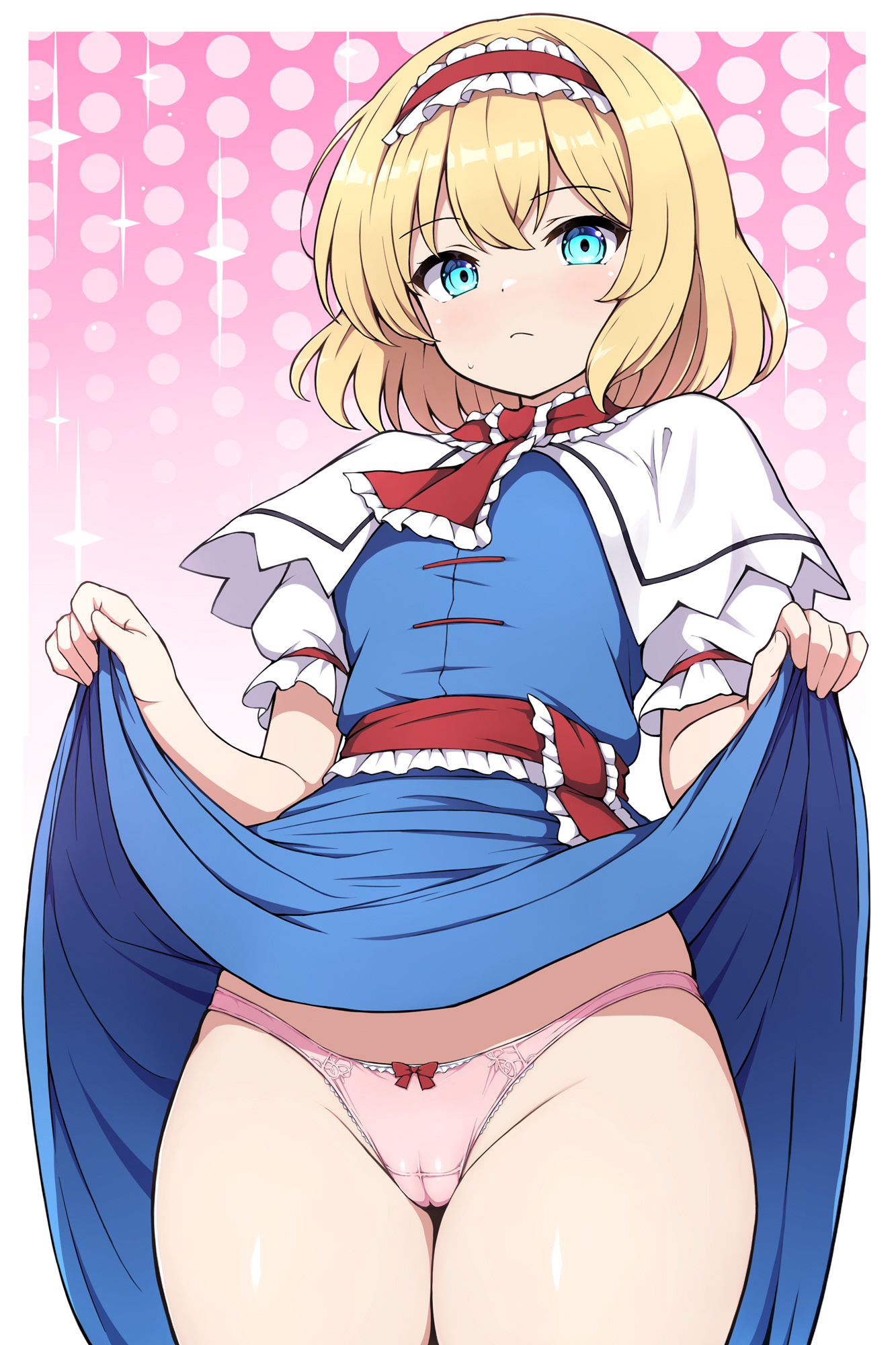 rizento, alice margatroid, touhou, commentary request, highres, 1girl, blonde hair, blue eyes, blue skirt, blush, capelet, closed mouth, clothes lift, frilled hairband, frills, gradient background, hairband, lifting own clothes, looking at viewer, panties, pink background, pink panties, polka dot, polka dot background, red hairband, short hair, short sleeves, skirt, skirt lift, solo, underwear, white capelet