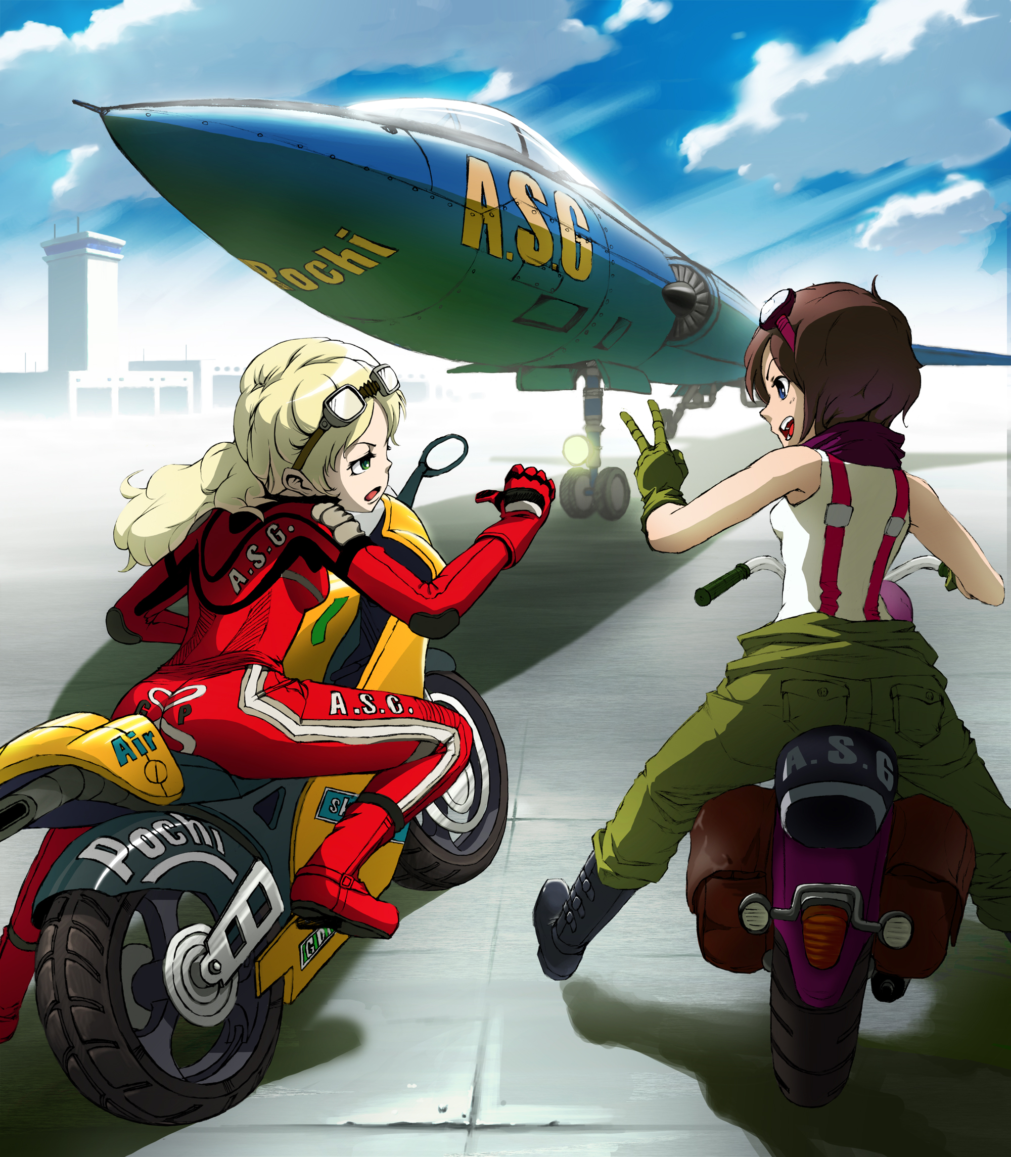 pochi (hiroe keisuke), pochi (pixiv227880), highres, 2girls, aircraft, airplane, biker clothes, bikesuit, bodysuit, boots, gloves, goggles, motor vehicle, motorcycle, multiple girls, vehicle focus