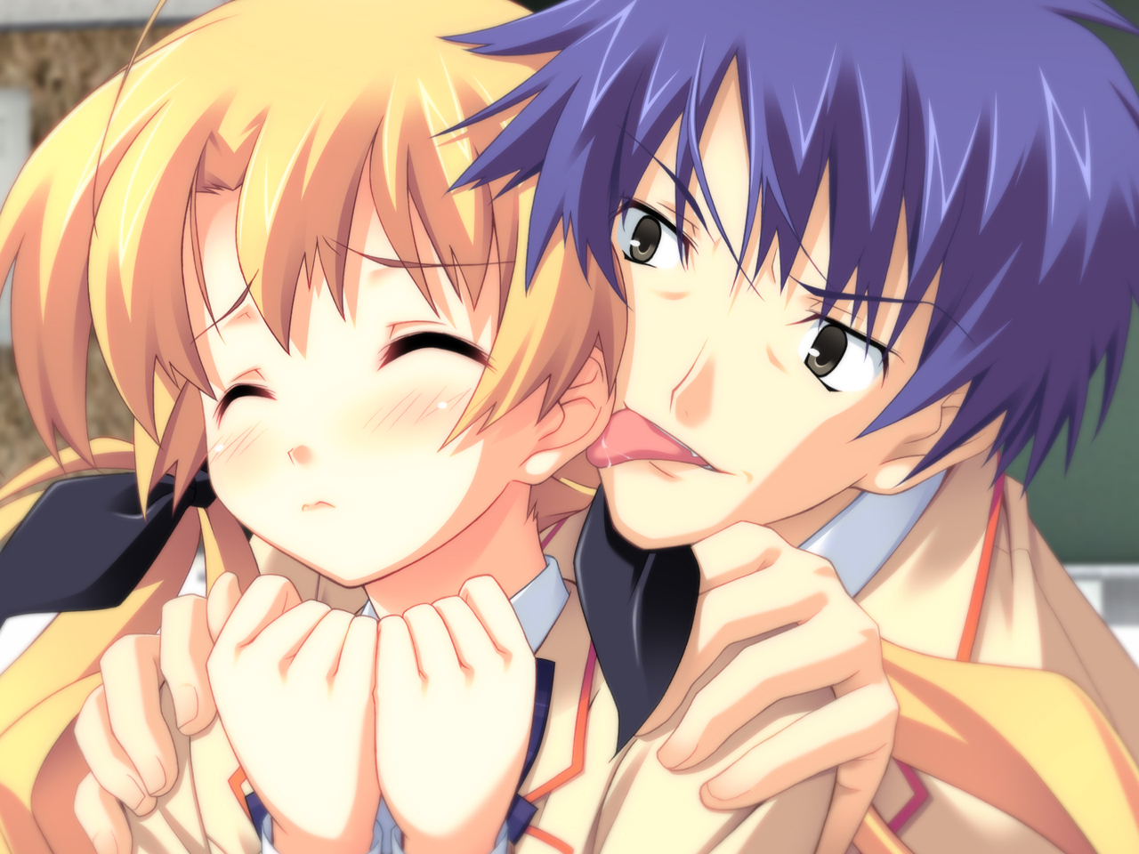 matsuo yukihiro, nishijou takumi, orihara kozue, 5pb., chaos;head, science adventure, game cg, 00s, 1boy, 1girl, blonde hair, blue hair, blush, close-up, closed eyes, ear licking, grey eyes, hair ribbon, hetero, hug, licking, long hair, ribbon, saliva, school uniform, short hair, tongue, twintails, wince, you gonna get raped