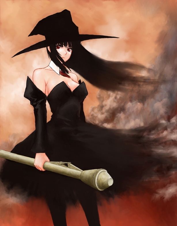 naga hana, bad id, bad pixiv id, bare shoulders, black dress, black hair, detached sleeves, dress, hat, high-explosive anti-tank (warhead), man-portable anti-tank systems, pantyhose, panzerfaust, recoilless gun, red eyes, smoke, solo, strapless, strapless dress, wind, witch hat