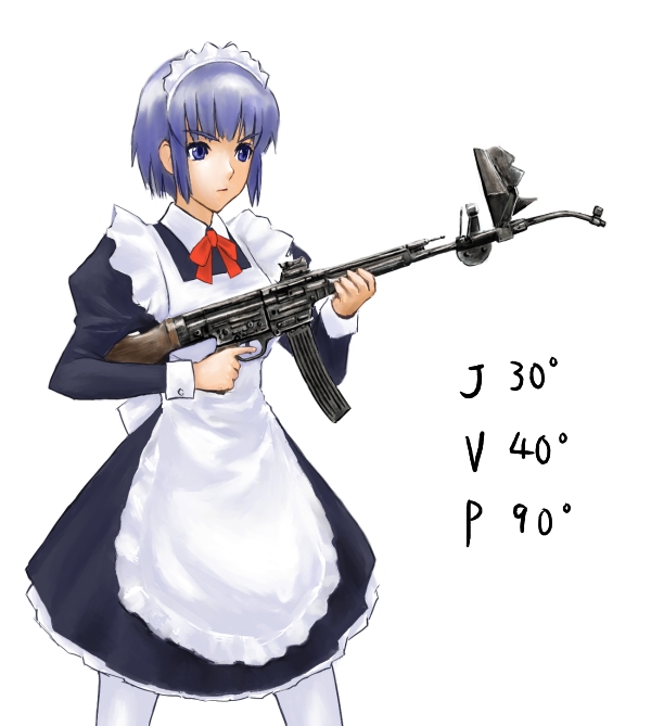 naga hana, bad id, bad pixiv id, 1girl, assault rifle, blue eyes, blue hair, combat maid, curved gun barrel, female focus, gun, krummlauf, maid, maid headdress, matching hair/eyes, pantyhose, rifle, simple background, solo, stg44, weapon