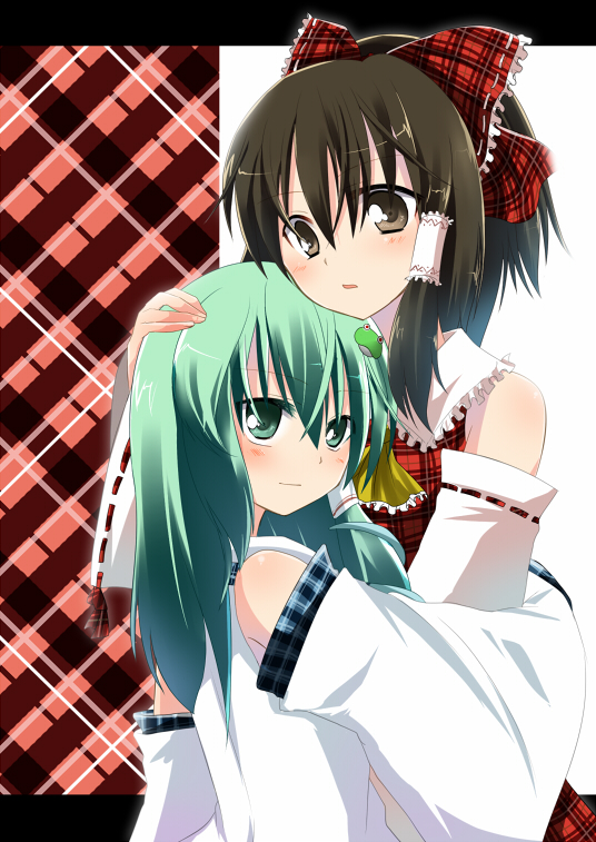 kajiyama, hakurei reimu, kochiya sanae, touhou, bad id, bad pixiv id, 2girls, brown hair, detached sleeves, female focus, green eyes, green hair, hug, japanese clothes, long hair, miko, multiple girls, ribbon, short hair, upper body