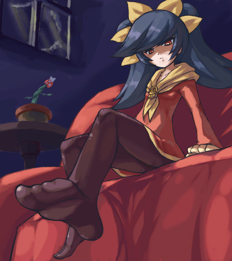 bondo, ashley (warioware), piranha plant, mario (series), nintendo, warioware, pot, 1girl, arms at sides, black hair, collarbone, couch, dark, dot nose, dress, feet, female focus, foot focus, hairband, indoors, legs, long hair, long sleeves, looking down, on couch, pantyhose, plant, potted plant, red dress, red eyes, sidelocks, sitting, skull, socks, solo, swept bangs, table, twintails, window