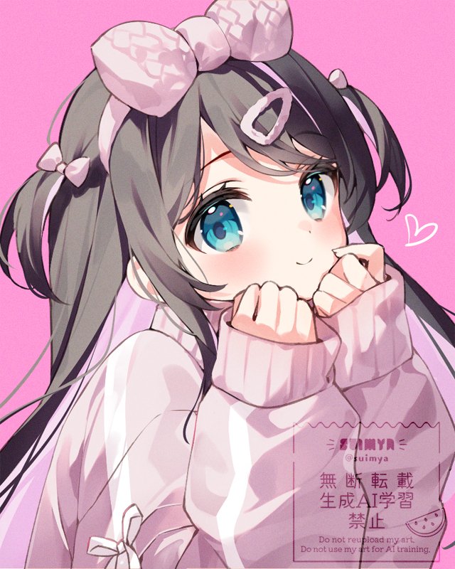 suimya, kaga nazuna, vspo!, commentary request, 1girl, black hair, blue eyes, blush, bow hairband, closed mouth, hairband, hands up, heart, long hair, long sleeves, looking at viewer, pink background, pink hairband, pink sweater, simple background, smile, solo, sweater, two side up, upper body, watermark