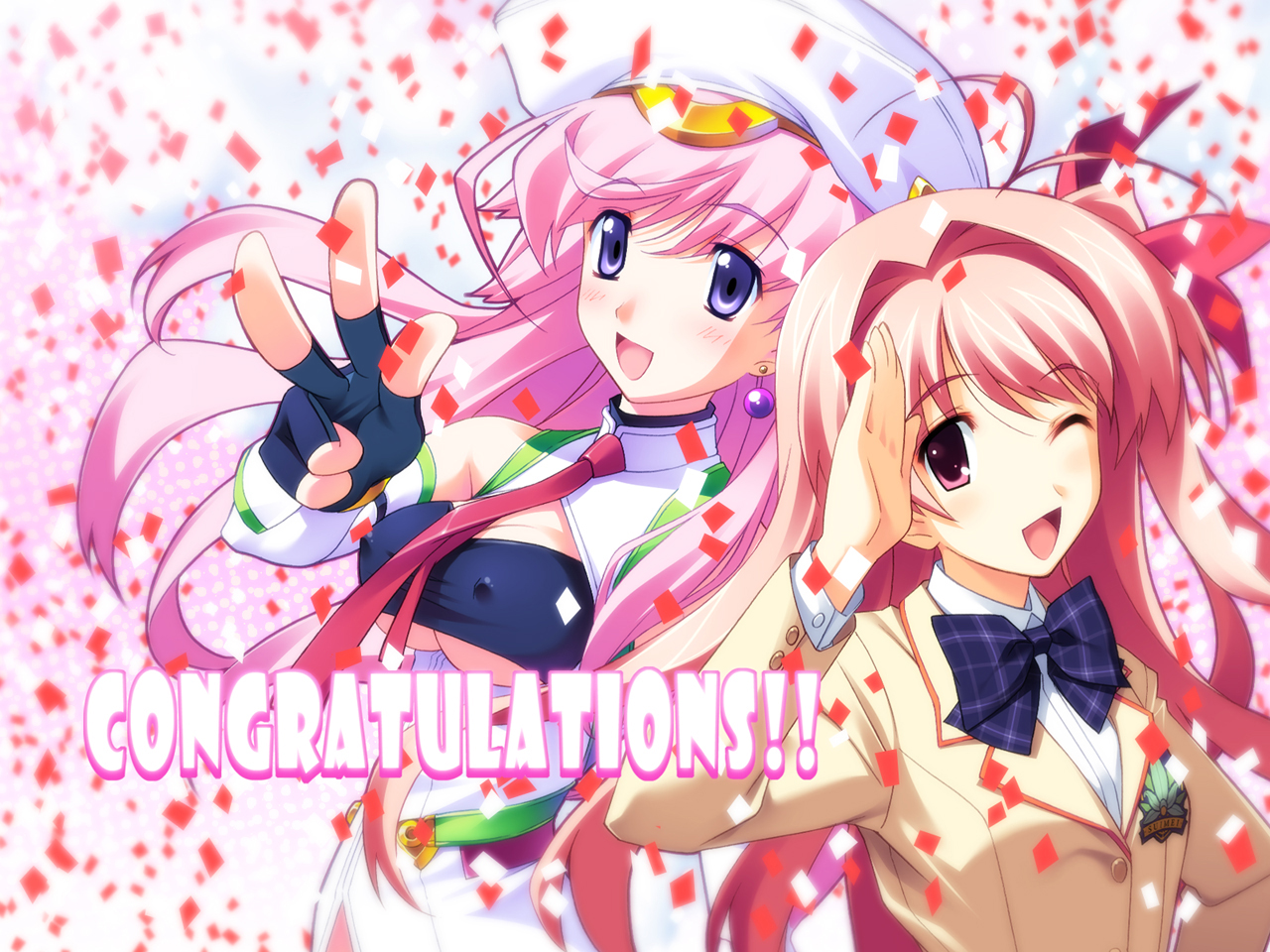 matsuo yukihiro, orgel seira, sakihata rimi, seira orgel, 5pb., blood tune, chaos;head, science adventure, plaid, game cg, 00s, 2girls, antenna hair, bandeau, beret, blazer, blush, breasts, confetti, congratulations, covered erect nipples, detached sleeves, earrings, fingerless gloves, gloves, hair ribbon, hat, jacket, jewelry, medium breasts, multiple girls, necktie, one eye closed, one side up, pink eyes, pink hair, purple eyes, ribbon, salute, school uniform, strapless, tube top, turtleneck, underboob, v, wink