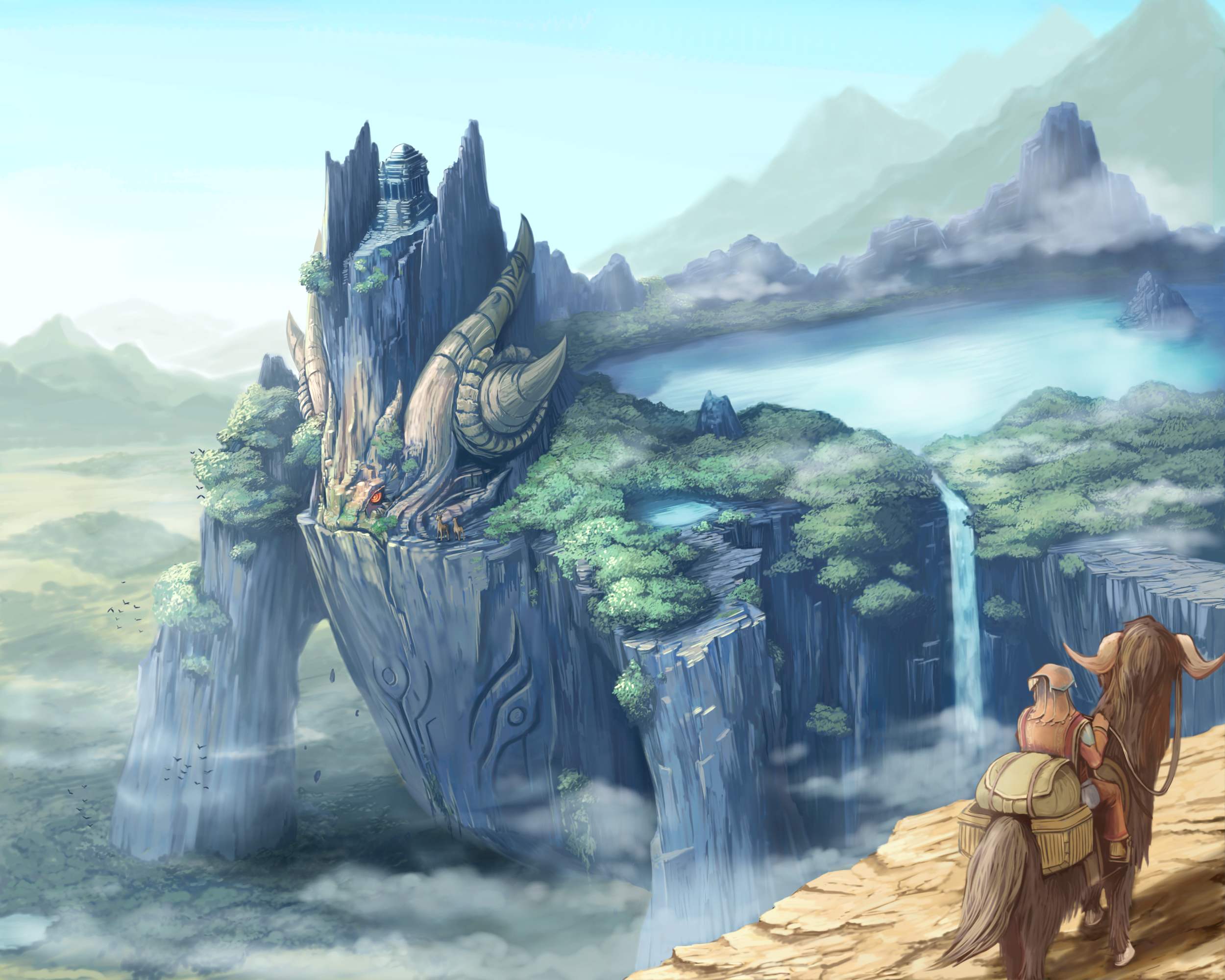 tanigawa hiroshi, original, highres, 1boy, animal, bird, cliff, colossus, day, deer, epic, fantasy, horns, lake, landscape, male focus, mountain, scenery, solo, temple, tree, water, waterfall