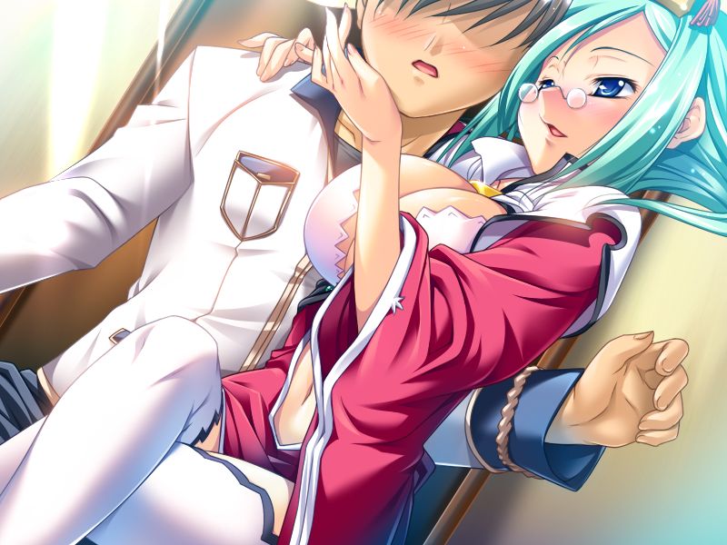 hongou kazuto, rikuson (koihime musou), koihime musou, game cg, 00s, 1boy, 1girl, blue eyes, blush, breasts, crossed legs, glasses, green hair, huge breasts