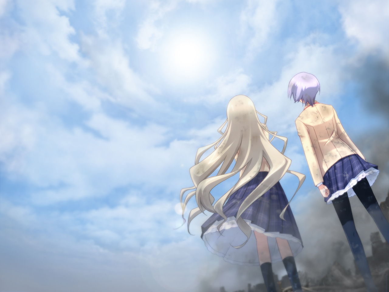 matsuo yukihiro, kishimoto ayase, kusunoki yua, 5pb., chaos;head, science adventure, silver hair, game cg, 00s, 2girls, black socks, blazer, blonde hair, blue hair, clothes lift, cloud, dirty, dust, from behind, from below, jacket, long hair, looking up, miniskirt, multiple girls, pantyhose, plaid clothes, plaid skirt, pleated skirt, purple hair, rubble, ruins, school uniform, short hair, skirt, skirt lift, sky, smoke, socks, standing, sun, very long hair, wind, wind lift