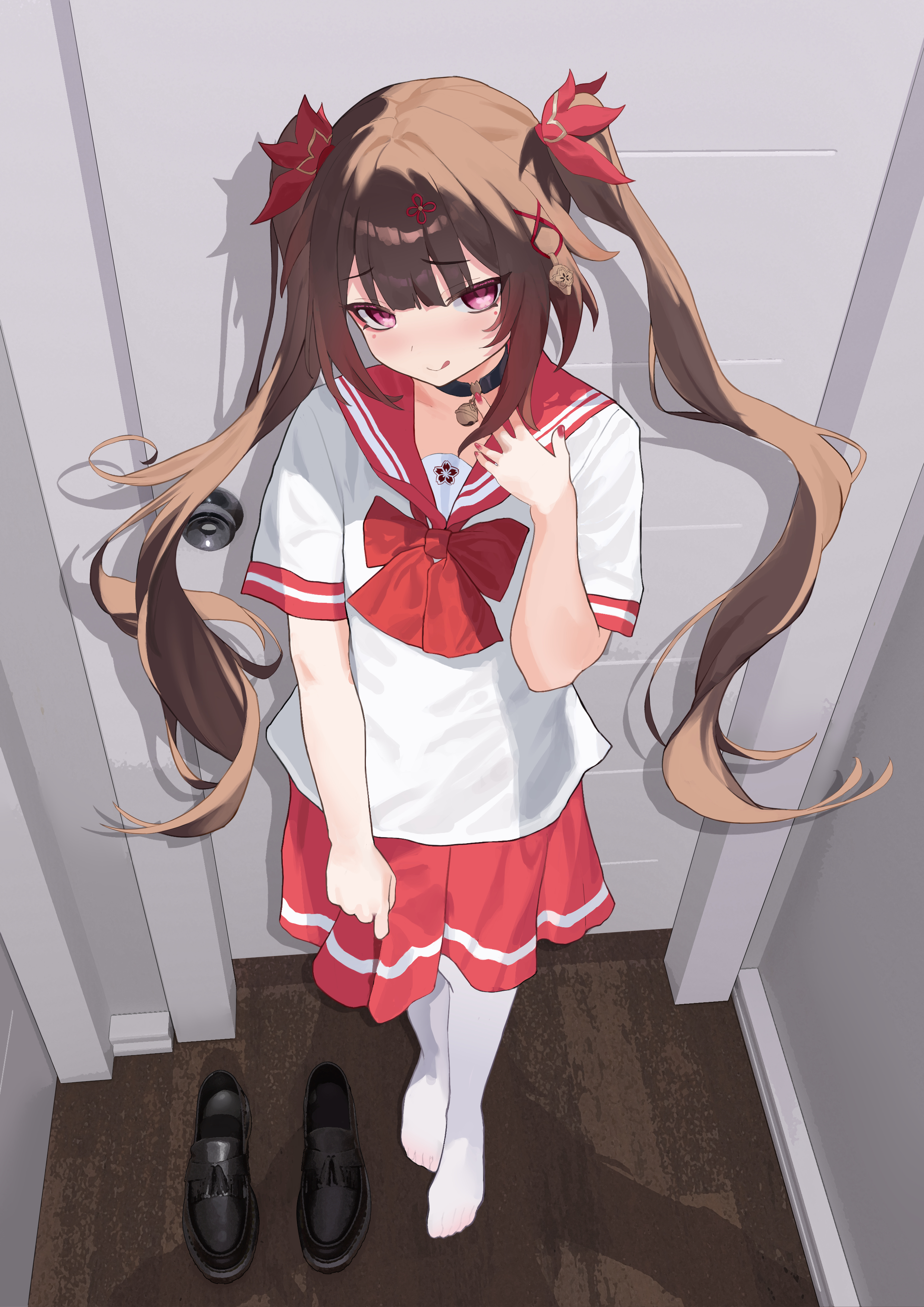 senbonsang, sparkle (honkai: star rail), honkai: star rail, honkai (series), absurdres, highres, 1girl, :q, alternate costume, bell, black choker, blush, bow, bowtie, brown hair, casual, choker, doorway, looking at viewer, neck bell, pov, purple eyes, red bow, red bowtie, red sailor collar, red skirt, sailor collar, school uniform, shirt, shoes, skirt, solo, thighhighs, tongue, tongue out, twintails, unworn shoes, white shirt, white thighhighs