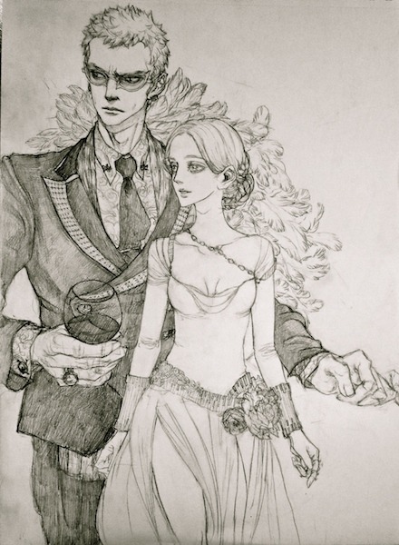 tutugui, donquixote doflamingo, one piece, commentary, english commentary, traditional media, 1boy, 1girl, black necktie, black suit, blonde hair, breasts, cleavage, collarbone, collared shirt, couple, cup, dress, dress flower, drinking glass, earrings, eyes visible through eyewear, feather coat, flower, formal clothes, jewelry, looking to the side, monochrome, necktie, oc x canon, ring, serious, shirt, short hair, smile, suit, sunglasses, white dress, white shirt, wine glass