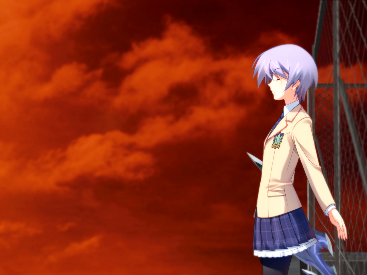 matsuo yukihiro, kishimoto ayase, 5pb., chaos;head, science adventure, game cg, 00s, 1girl, blazer, blue hair, closed eyes, cloud, dusk, female focus, jacket, necktie, pantyhose, plaid clothes, plaid skirt, pleated skirt, purple hair, school uniform, short hair, skirt, sky, solo, standing, sword, tears, weapon