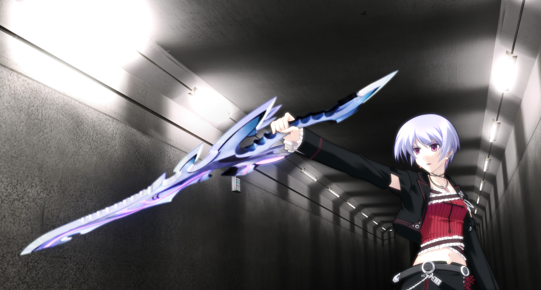 matsuo yukihiro, kishimoto ayase, 5pb., chaos;head, science adventure, game cg, highres, 00s, 1girl, belt, blue hair, crop top, cross, detached sleeves, earrings, eyeshadow, female focus, frills, goth fashion, jacket, jewelry, makeup, midriff, necklace, pink eyes, short hair, solo, sword, weapon