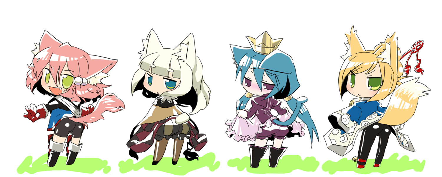 fighter (7th dragon), harukara (7th dragon), ikurakun (7th dragon), mage (7th dragon), momomeno (7th dragon), namuna (7th dragon), princess (7th dragon), samurai (7th dragon), 7th dragon, 7th dragon (series), 4girls, :<, animal ears, bike shorts, blonde hair, blue hair, blush, cat ears, cat tail, chibi, crown, fang, fox ears, fox tail, green eyes, hair bobbles, hair ornament, looking back, multiple girls, pantyhose, pink hair, purple eyes, tail, white hair, yellow eyes