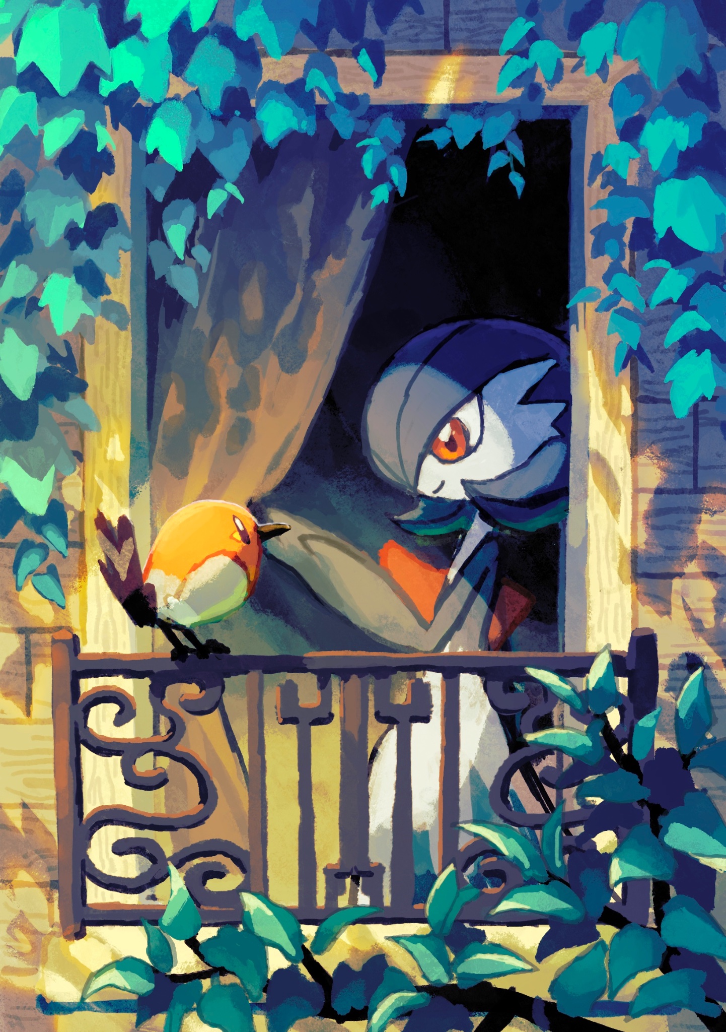 aruco co, fletchling, gardevoir, nintendo, pokemon, highres, bird, bob cut, colored skin, curtains, gen 3 pokemon, gen 6 pokemon, green hair, green skin, multicolored skin, pink eyes, plant, pokemon (creature), smile, two-tone skin, white skin