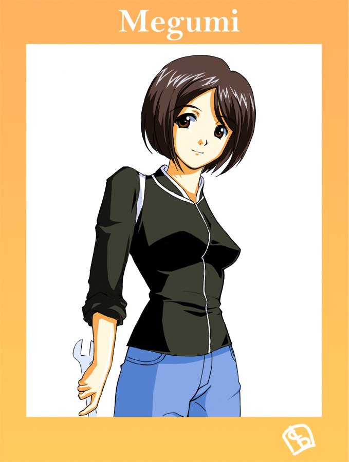trackball (artist), morisato megumi, aa megami-sama, brown eyes, brown hair, denim, jeans, pants, short hair, sleeves rolled up, solo, wrench