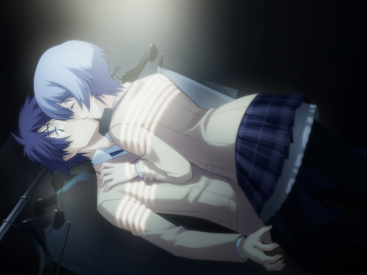 matsuo yukihiro, kishimoto ayase, nishijou takumi, 5pb., chaos;head, science adventure, game cg, 00s, 1boy, 1girl, blue hair, closed eyes, dutch angle, hetero, kiss, pantyhose, plaid clothes, plaid skirt, school uniform, short hair, skirt, standing