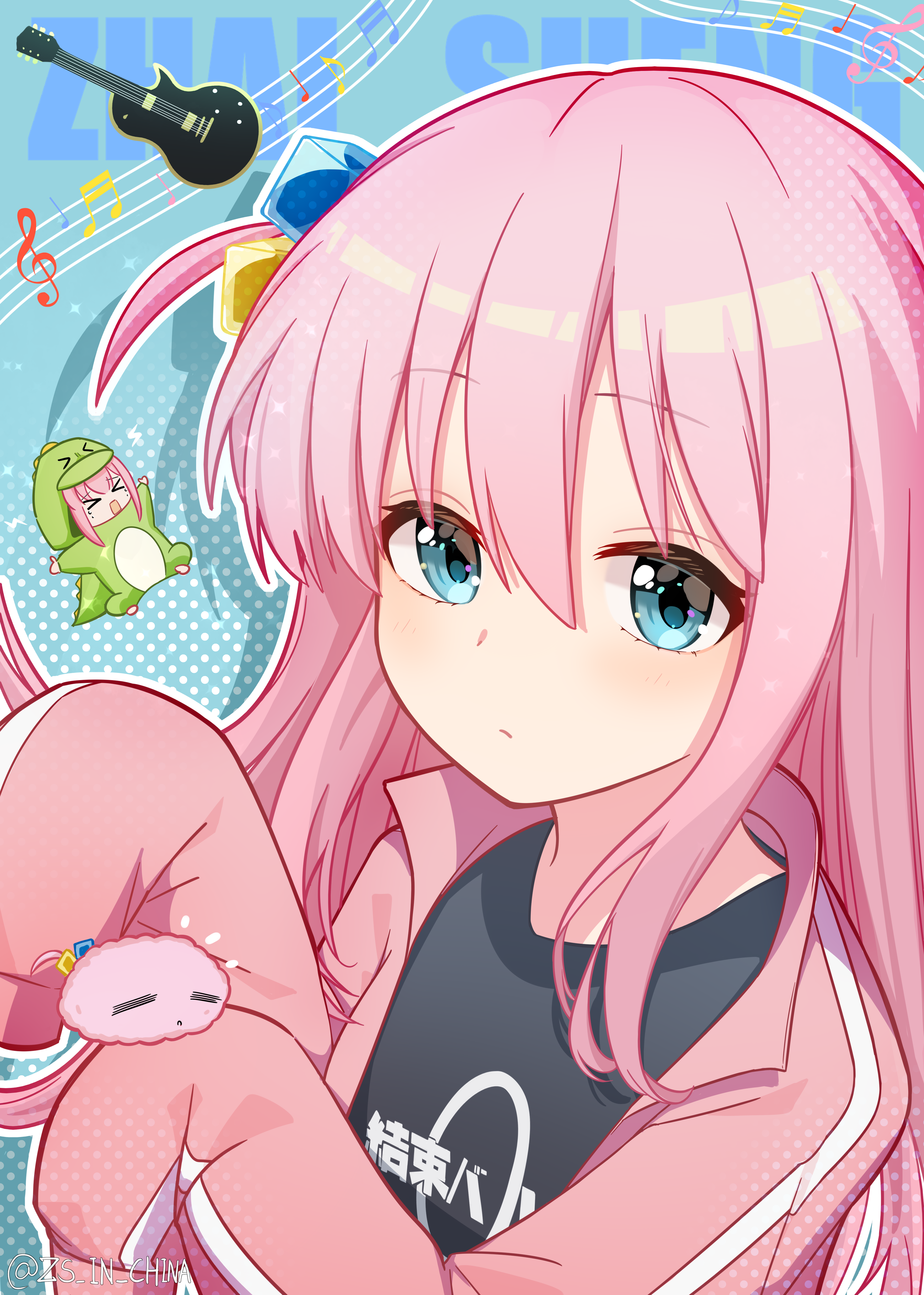 zs in china, gotoh hitori, bocchi the rock!, absurdres, highres, > <, 1girl, artist name, beamed sixteenth notes, black shirt, blue eyes, chibi, closed mouth, cube hair ornament, eighth note, electric guitar, gibson les paul, gradient eyes, guitar, hair between eyes, hair ornament, instrument, jacket, long hair, long sleeves, multicolored eyes, musical note, musical staff, one side up, open clothes, open shirt, outline, pajamas, pink hair, pink jacket, polka dot, print shirt, quarter note, shirt, sidelocks, sleeves past fingers, sleeves past wrists, tareme, track jacket, treble clef, white outline